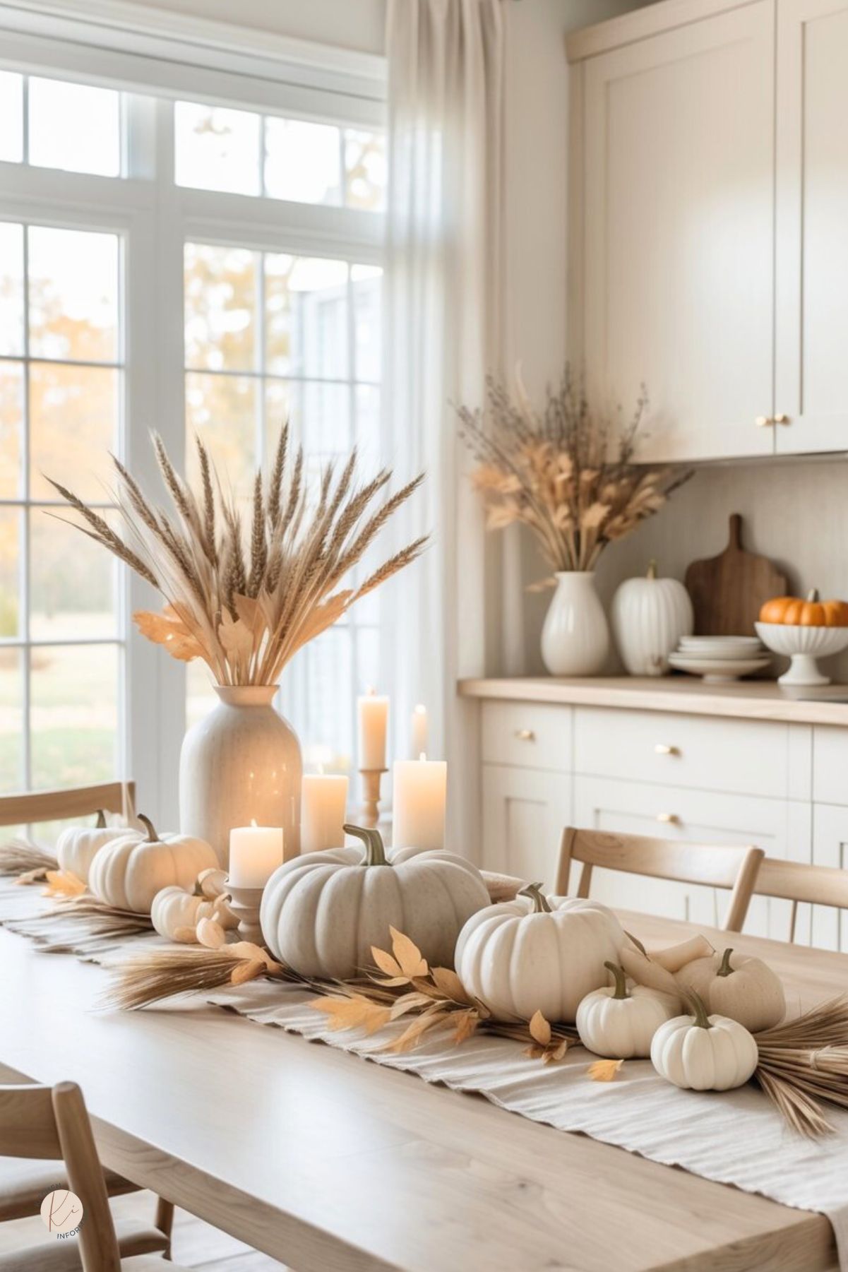 Neutral Thanksgiving kitchen tablescape with white pumpkins on a beige linen runner, pillar candles, and a ceramic vase filled with wheat and dried leaves on a light wood table. Cream shaker cabinets and marble backsplash with more pumpkins in back, large window with sheer curtains. Neutral fall kitchen decor, Thanksgiving table centerpiece. Small Kitchen Informant logo.