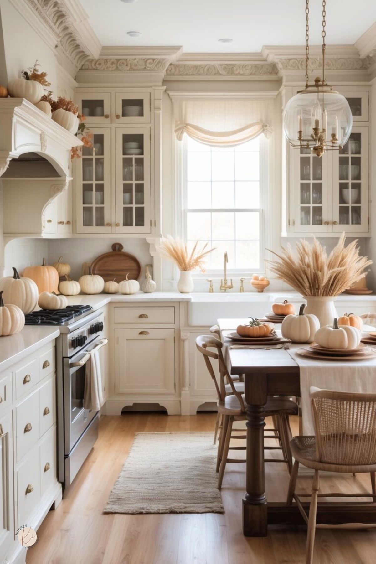 Neutral Thanksgiving kitchen decor in a classic cream kitchen: ornate trim, glass-front cabinets, brass hardware, farmhouse sink, and a round lantern pendant. White and pale orange pumpkins on counters and a dark wood table with a linen runner and pampas centerpieces. Cozy fall tablescape. Small Kitchen Informant logo.