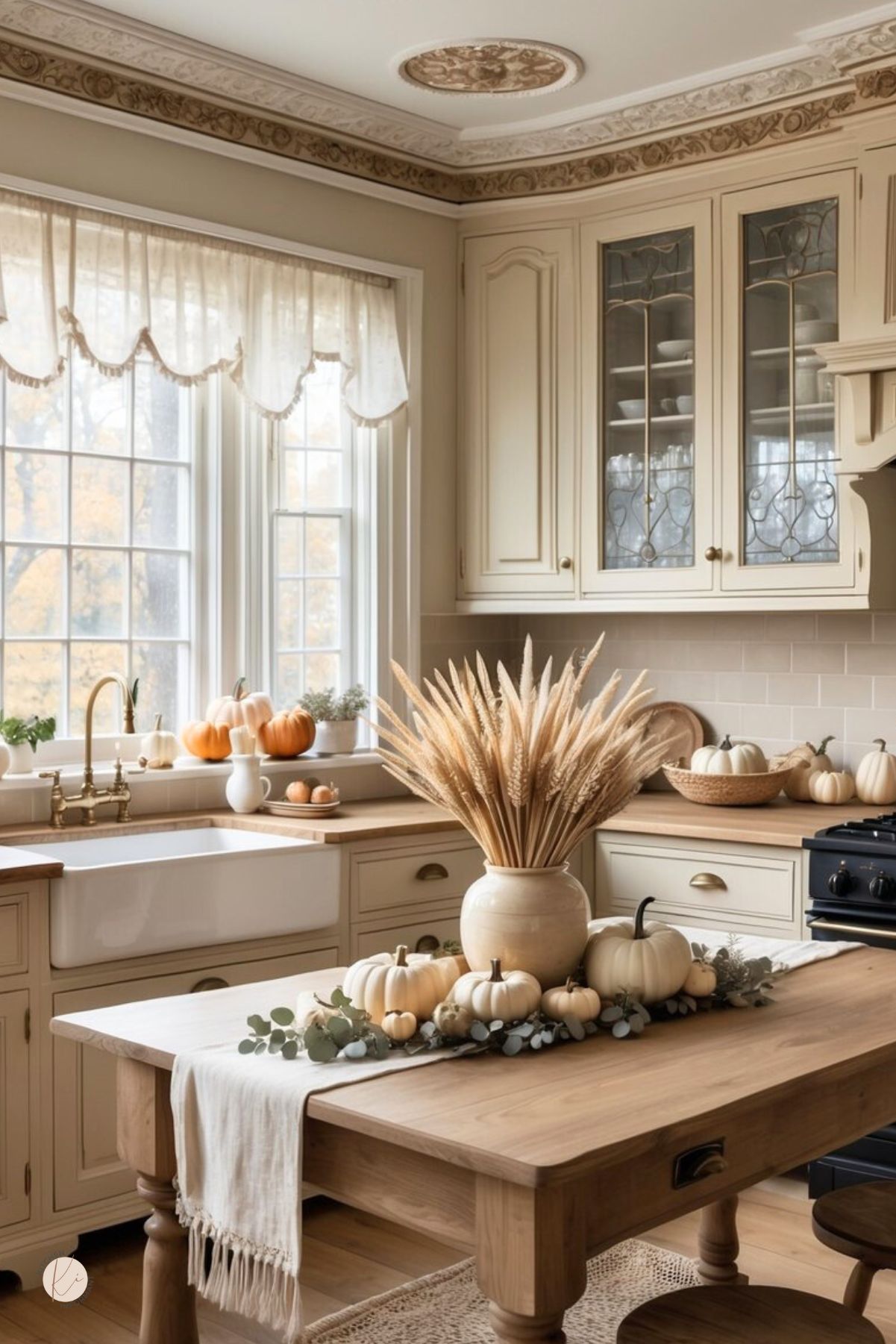 Neutral Thanksgiving kitchen decor in a traditional cream kitchen: ornate crown molding and ceiling medallion, leaded-glass cabinets, butcher-block counters, brass faucet, and apron-front sink. Wood island styled with a linen runner, wheat centerpiece, white and pale orange pumpkins, eucalyptus. Small Kitchen Informant logo.