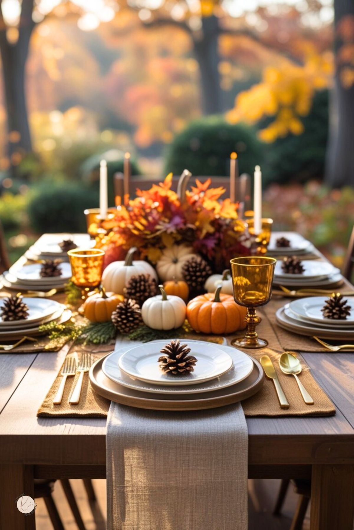 Outdoor Thanksgiving tablescape on a wooden table with white plates, gold flatware, amber goblets, and pinecone place cards. Centerpiece of white and orange mini pumpkins, pinecones, greenery, and taper candles on a neutral runner. Blurred autumn foliage backdrop. Fall decor, outdoor dining, Thanksgiving table setting.