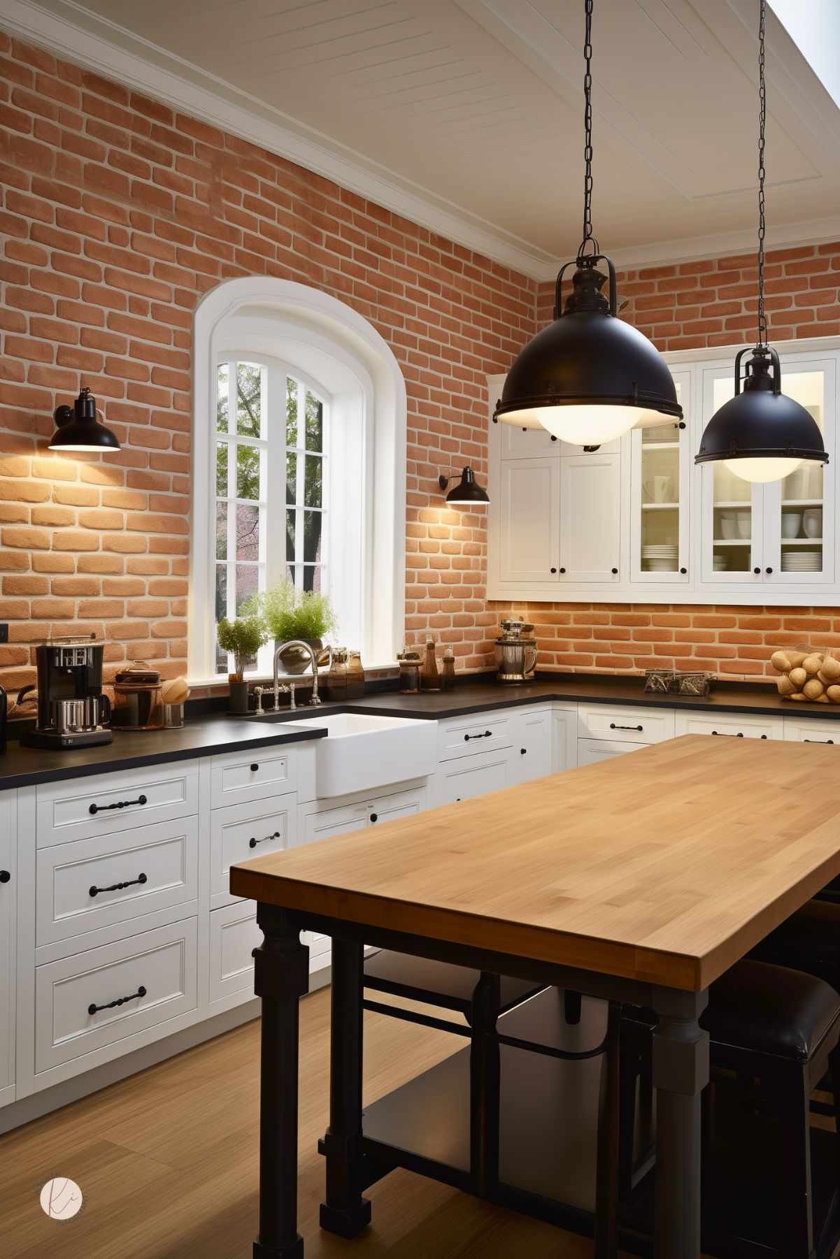 Rustic farmhouse kitchen with exposed red brick walls, white shaker cabinets, black countertops, and an apron-front sink. Large butcher-block island, industrial black pendant lights and sconces, arched window, glass-front uppers, matte black hardware, wood floors, coffee maker, stand mixer, and potted herbs.