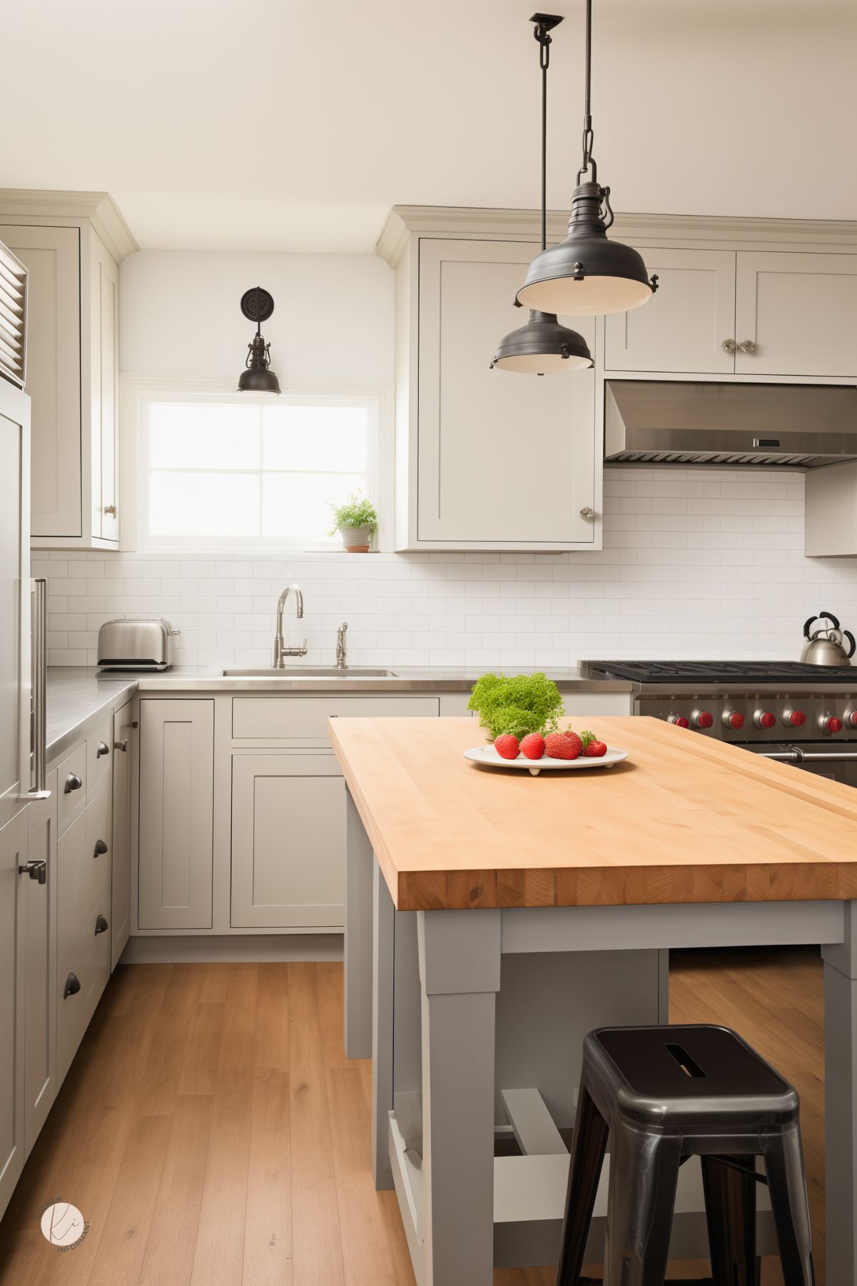 Bright farmhouse kitchen with light gray shaker cabinets, white subway tile backsplash, and stainless pro range with hood. Butcher-block island with black metal stool, industrial pendant lights, and wood floors. Window over sink, potted herbs, and a plate of strawberries. Small “KI” logo in corner.