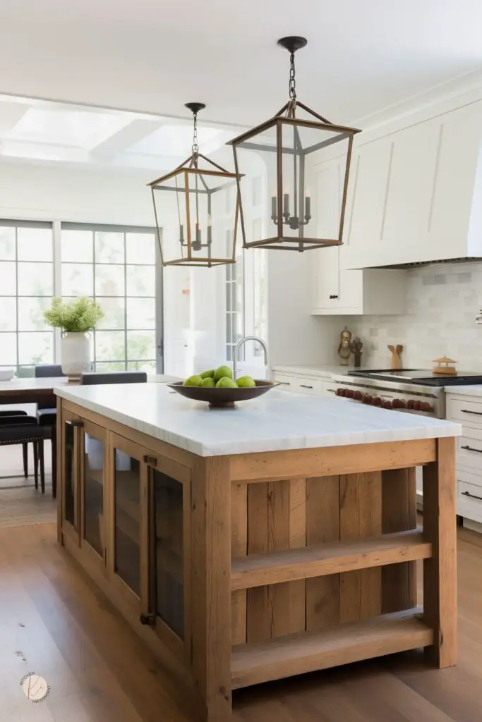 Modern farmhouse kitchen with white shaker cabinets, marble subway tile backsplash, and a rustic wood island topped with white marble. Two large lantern pendant lights, wide black-frame windows, wood floors, and a bowl of green apples on the island; dining nook in back. Small “KI” logo in corner.