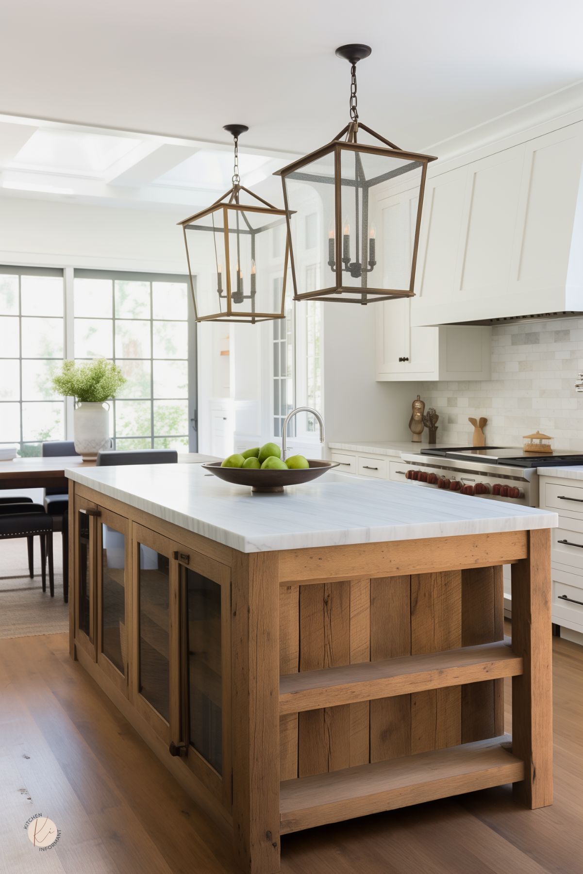 Modern farmhouse kitchen with white shaker cabinets, marble subway tile backsplash, and a rustic wood island topped with white marble. Two large lantern pendant lights, wide black-frame windows, wood floors, and a bowl of green apples on the island; dining nook in back. Small “KI” logo in corner.