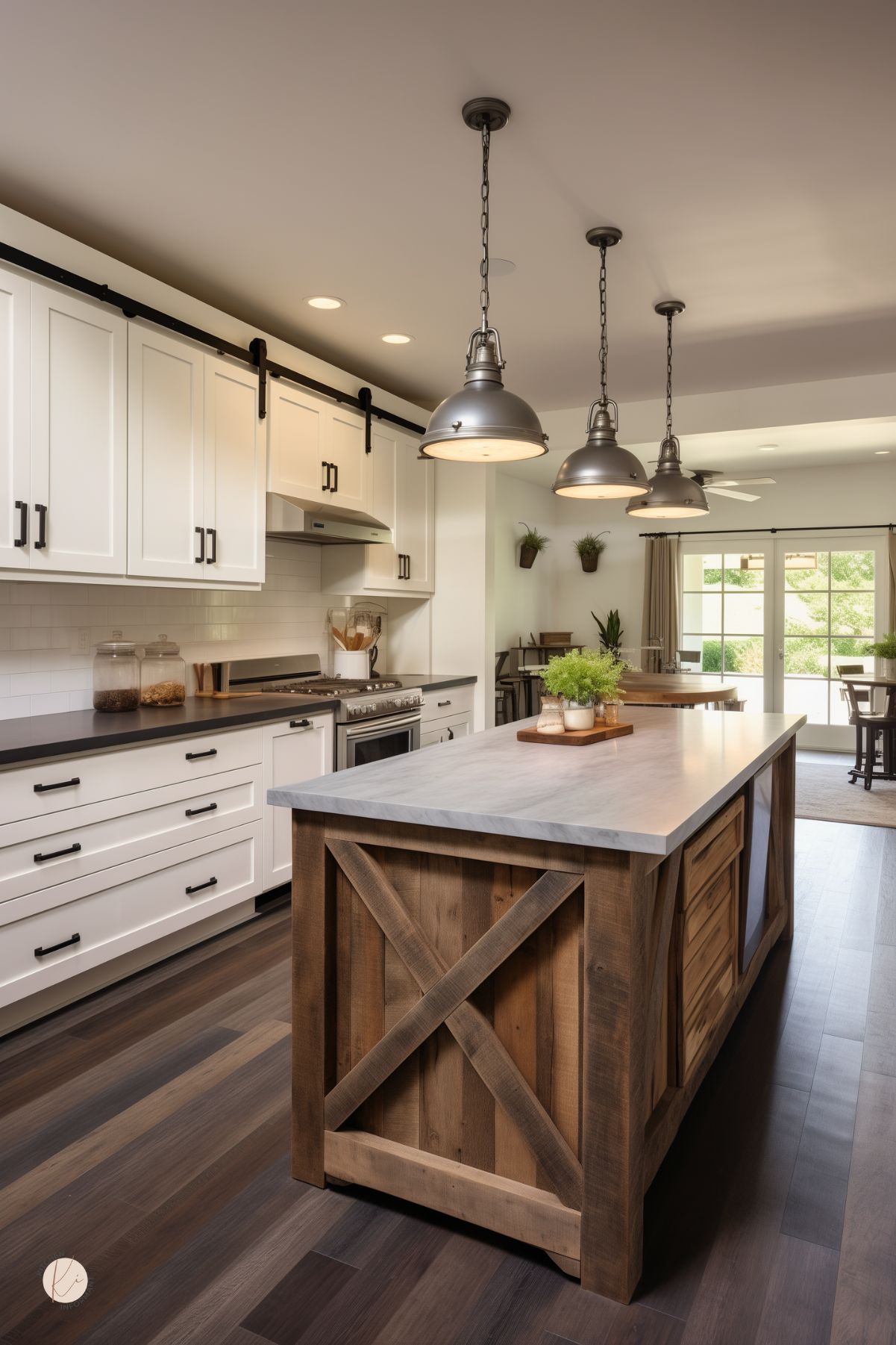Rustic farmhouse kitchen with white shaker cabinets and black hardware, white subway tile, and a long reclaimed-wood island with X-end detail and light stone countertop. Three industrial pendant lights, black countertops, sliding ladder rail, gas range, dark wood floors, herbs on a tray, and French doors to dining. Small “KI” logo in corner.