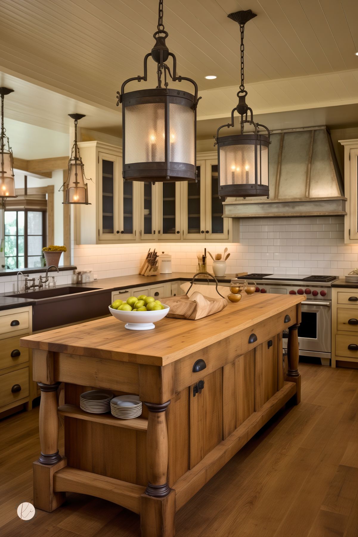 Rustic farmhouse kitchen with a chunky wood island, lantern pendant lights, cream shaker cabinets with glass fronts, white subway tile, and an aged metal range hood. Black countertops, dark apron-front sink, stainless range with red knobs, wood floors, bowl of green apples. Small “KI” logo in corner.