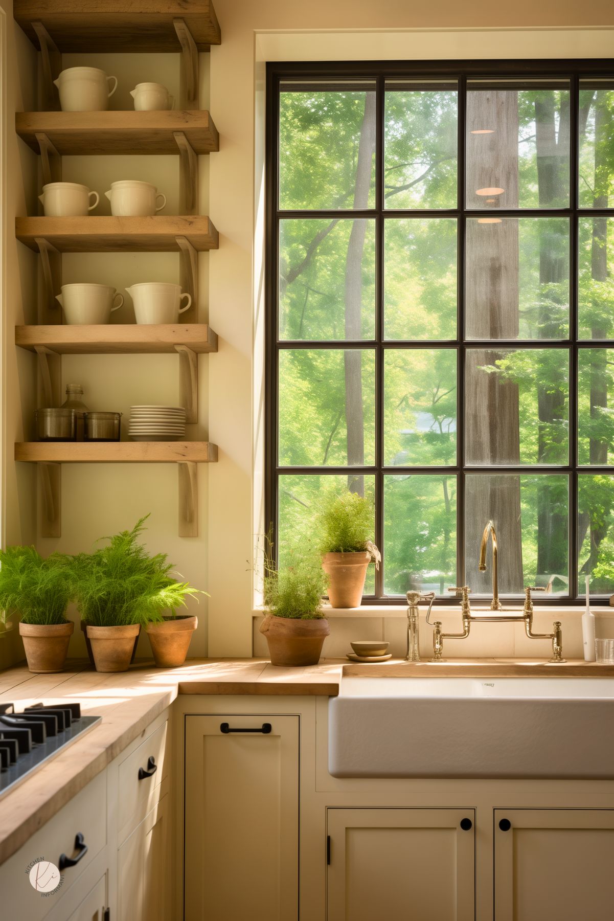 Rustic farmhouse kitchen nook with a large black-grid window overlooking green woods. Apron-front sink with brass bridge faucet, light cream cabinets, butcher-block counters, and open wood shelves holding white crockery. Terracotta potted herbs line the sill and counter; gas cooktop at left. Small “KI” logo in corner.