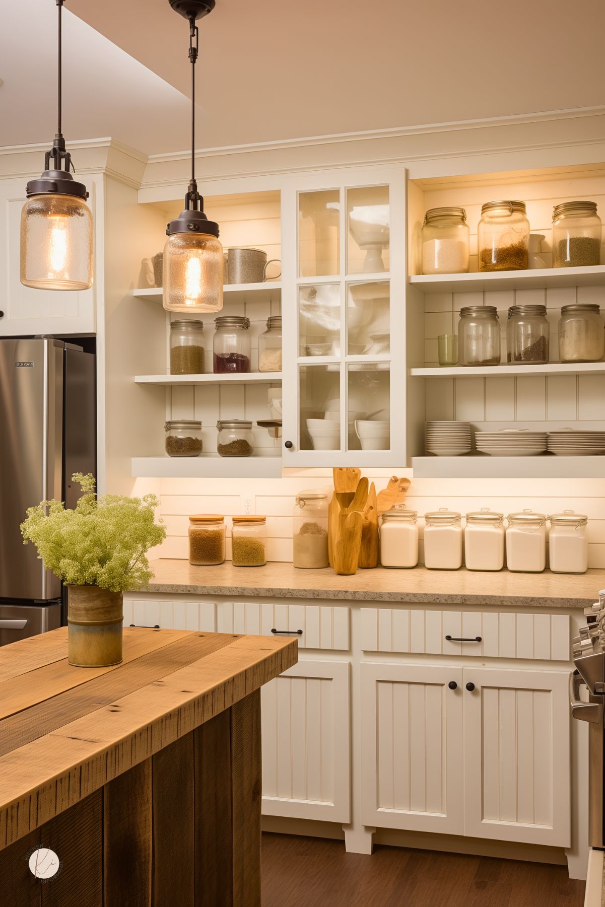 Cozy farmhouse kitchen with cream beadboard cabinets, open shelving, and warm lighting. Countertop lined with glass jars of grains and flour, wooden utensils, and a stainless fridge. Rustic wood island with vase of green flowers and industrial pendant lights above. Small “KI” logo in corner.