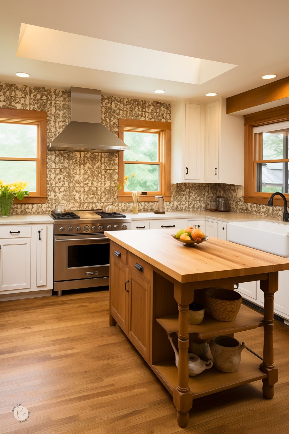 Rustic farmhouse kitchen with patterned tile backsplash, white shaker cabinets, and wood trim windows. Stainless range with hood, apron-front sink with black faucet, and a skylight. Warm wood floors and a butcher-block island with open shelves, pottery, and a bowl of apples. Small “KI” logo in corner.