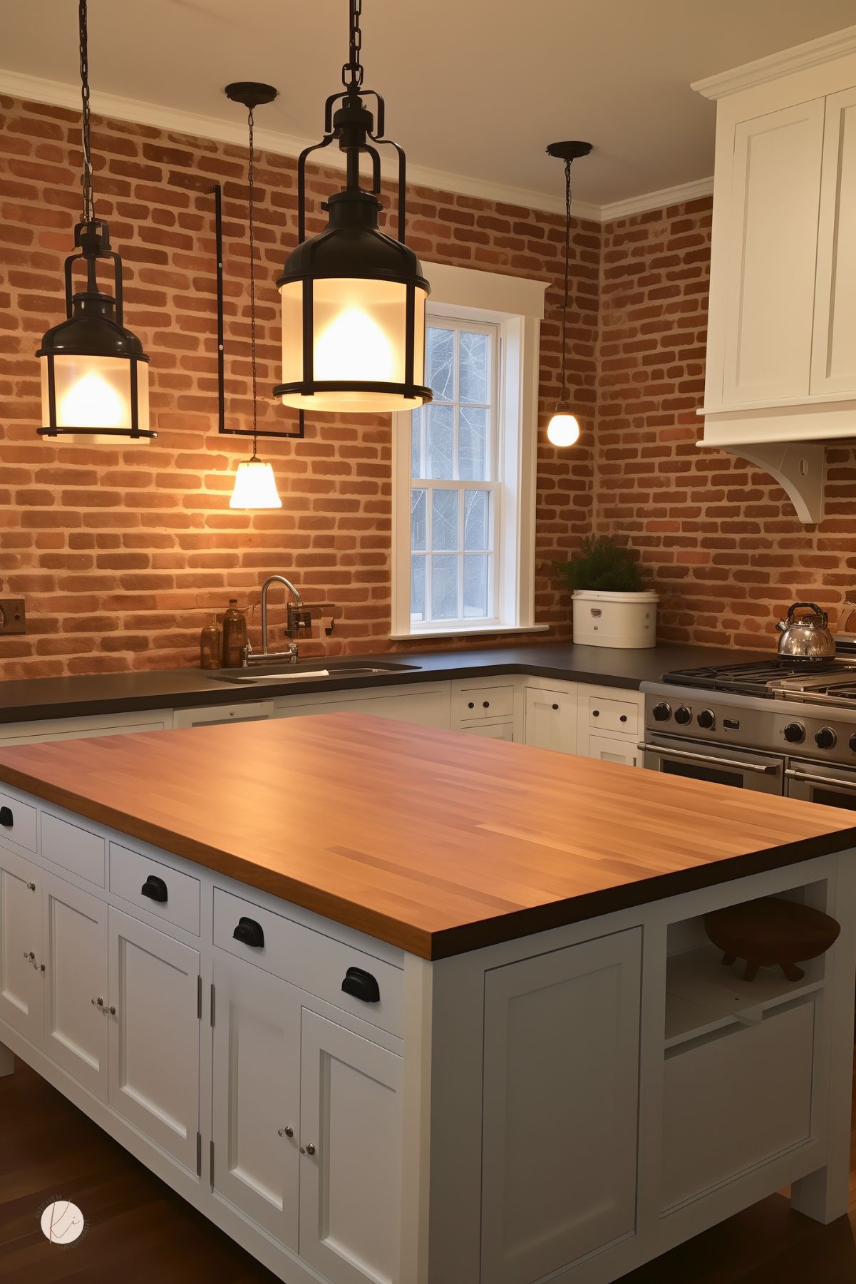 Rustic farmhouse kitchen with exposed red brick walls, white shaker cabinets, and black countertops. Large butcher-block island, industrial black cage pendants, farmhouse sink under a window, and a stainless pro range. Warm ambient lighting and dark wood floors. Small “KI” logo in corner.