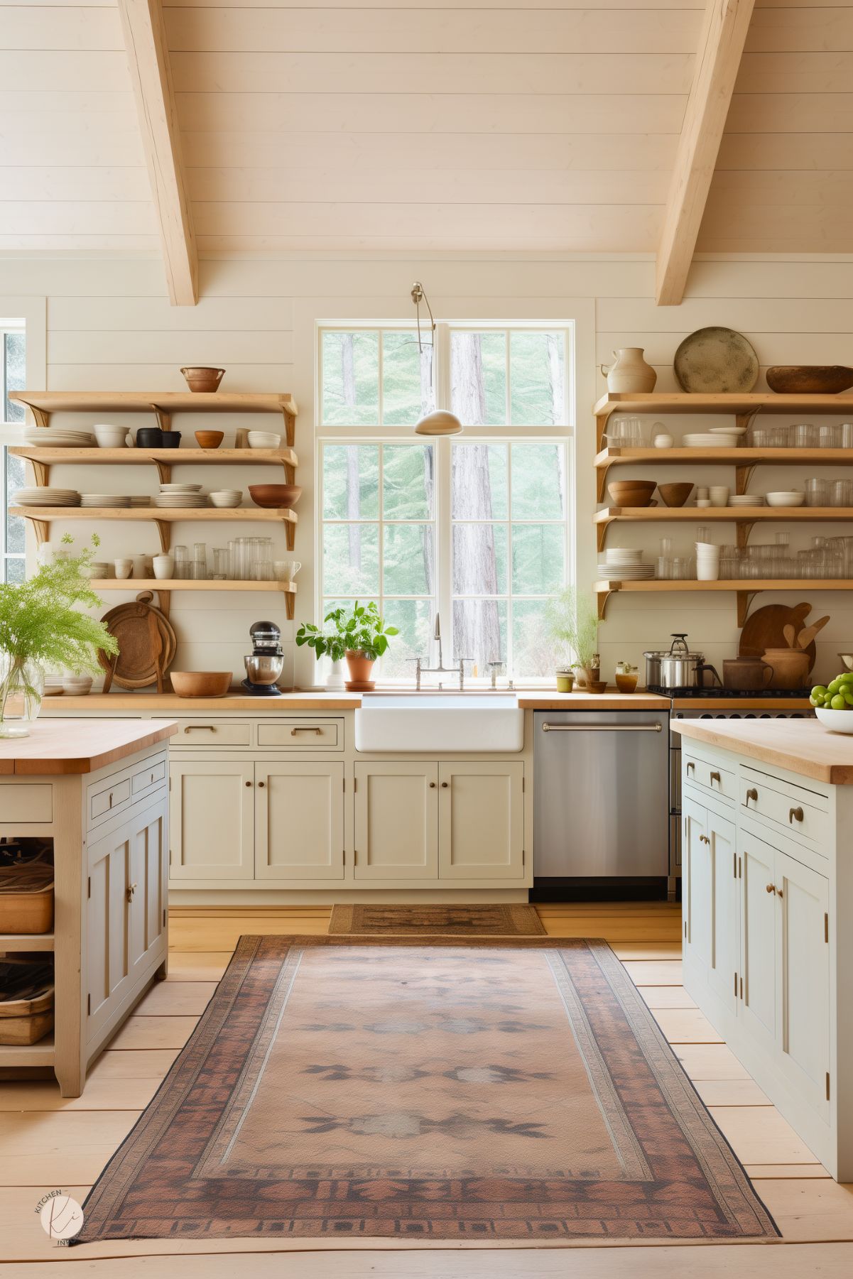 Airy rustic farmhouse kitchen with vaulted shiplap ceiling and beams, creamy shaker cabinets, butcher-block counters, and open wood shelves filled with ceramics and glassware. Large divided-light window over an apron-front sink, stainless dishwasher, potted herbs, and a vintage patterned area rug on light wood floors. Small “KI” logo in corner.