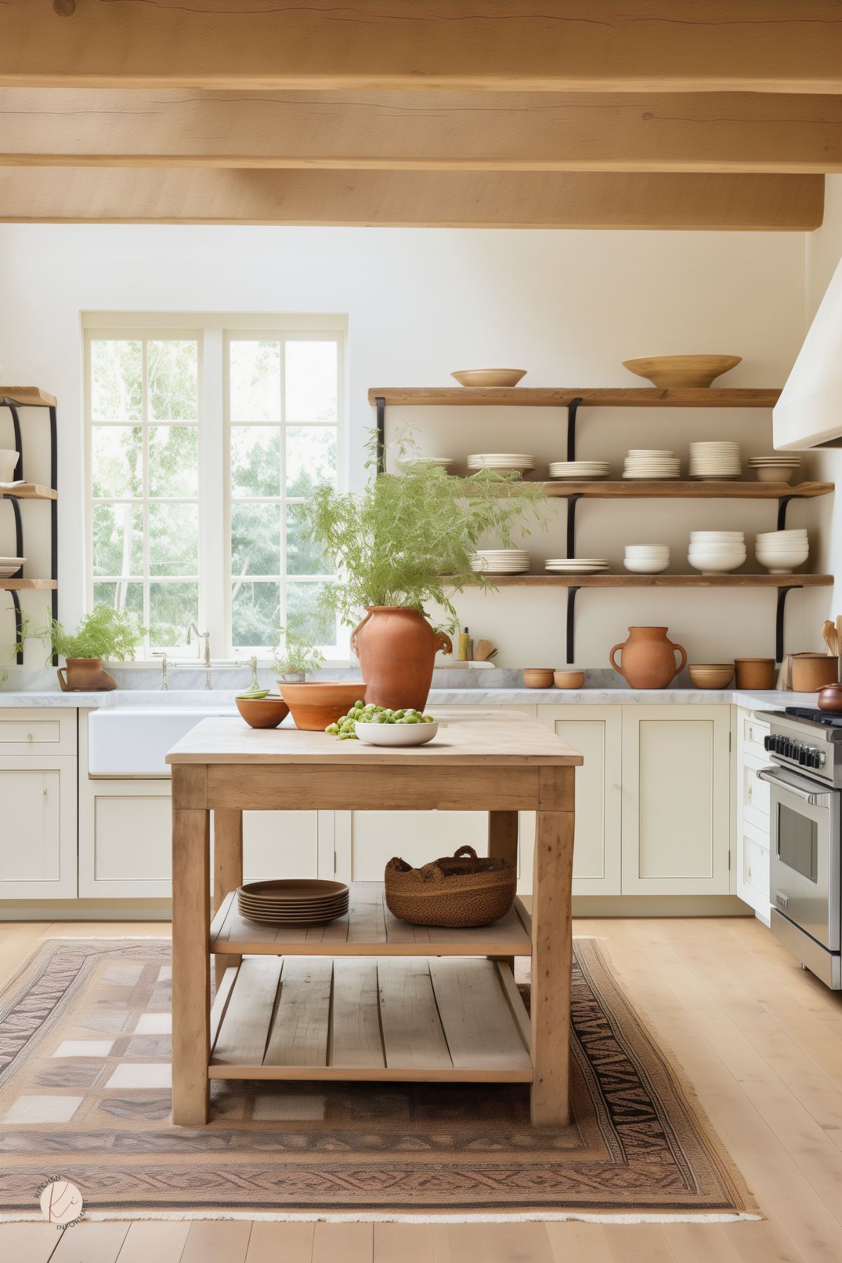 Rustic farmhouse kitchen with exposed wood beams, cream shaker cabinets, marble countertops, and an apron-front sink beneath tall windows. Open wood shelves display neutral pottery. A simple wood island sits on a vintage rug with terracotta pots and greenery. Stainless range at right. Small “KI” logo in corner.