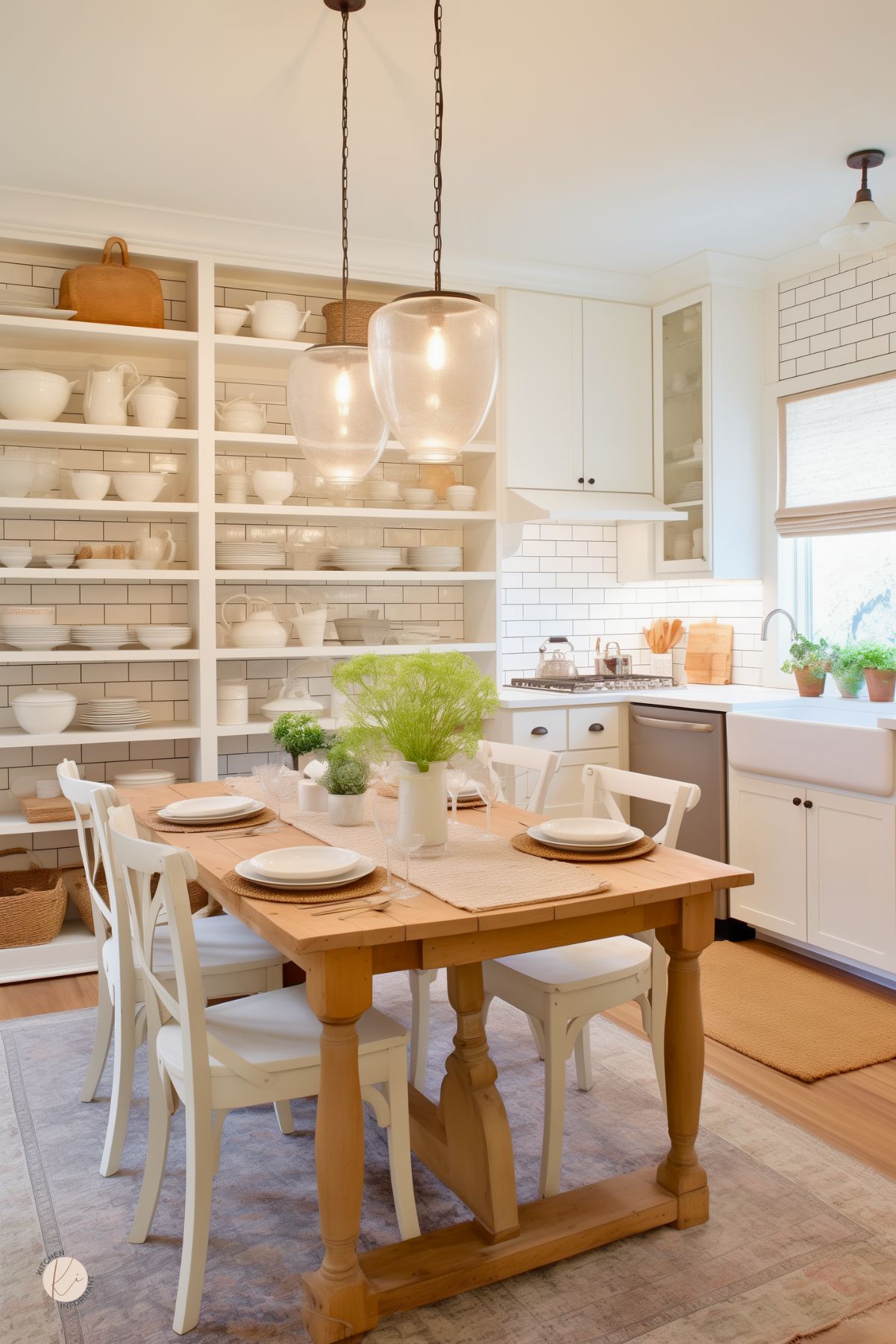 Rustic farmhouse kitchen-dining space with white subway tile backsplash, open shelving full of white dishes, and a farmhouse sink. Warm wood trestle table set with white plates and x-back chairs, potted herbs centerpiece, and three glass pendant lights. Neutral rug, woven baskets, stainless dishwasher. Small “KI” logo in corner.