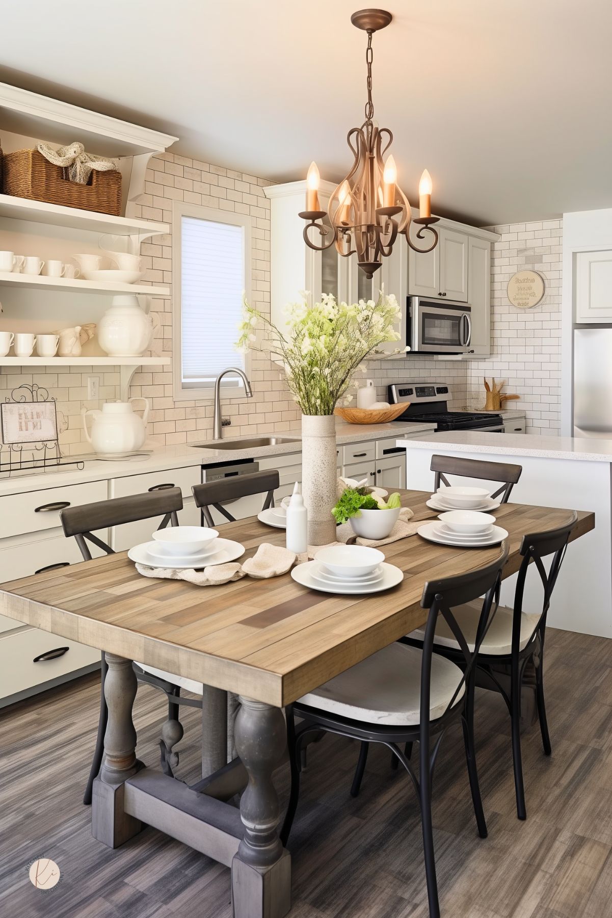 Warm farmhouse kitchen with white cabinetry, subway tile backsplash, and stainless appliances. A rustic wood dining table with black cross-back chairs is set with white dishes and a tall vase of white flowers. Open shelving holds white pottery and baskets, while a wrought-iron chandelier adds vintage charm. Small “KI” logo in corner.