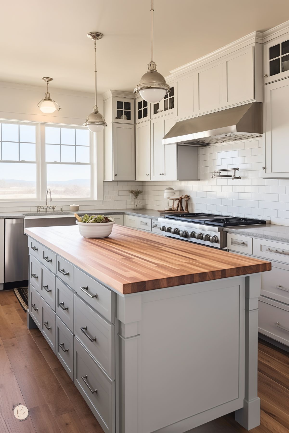 Bright farmhouse kitchen with white shaker cabinets, subway tile backsplash, and a large gray island topped with butcher-block. Stainless pro range with pot filler and hood, farmhouse sink beneath wide windows, pendant lights, and hardwood floors. Clean, white-and-wood palette; sleek drawer pulls. Small “KI” logo in corner.