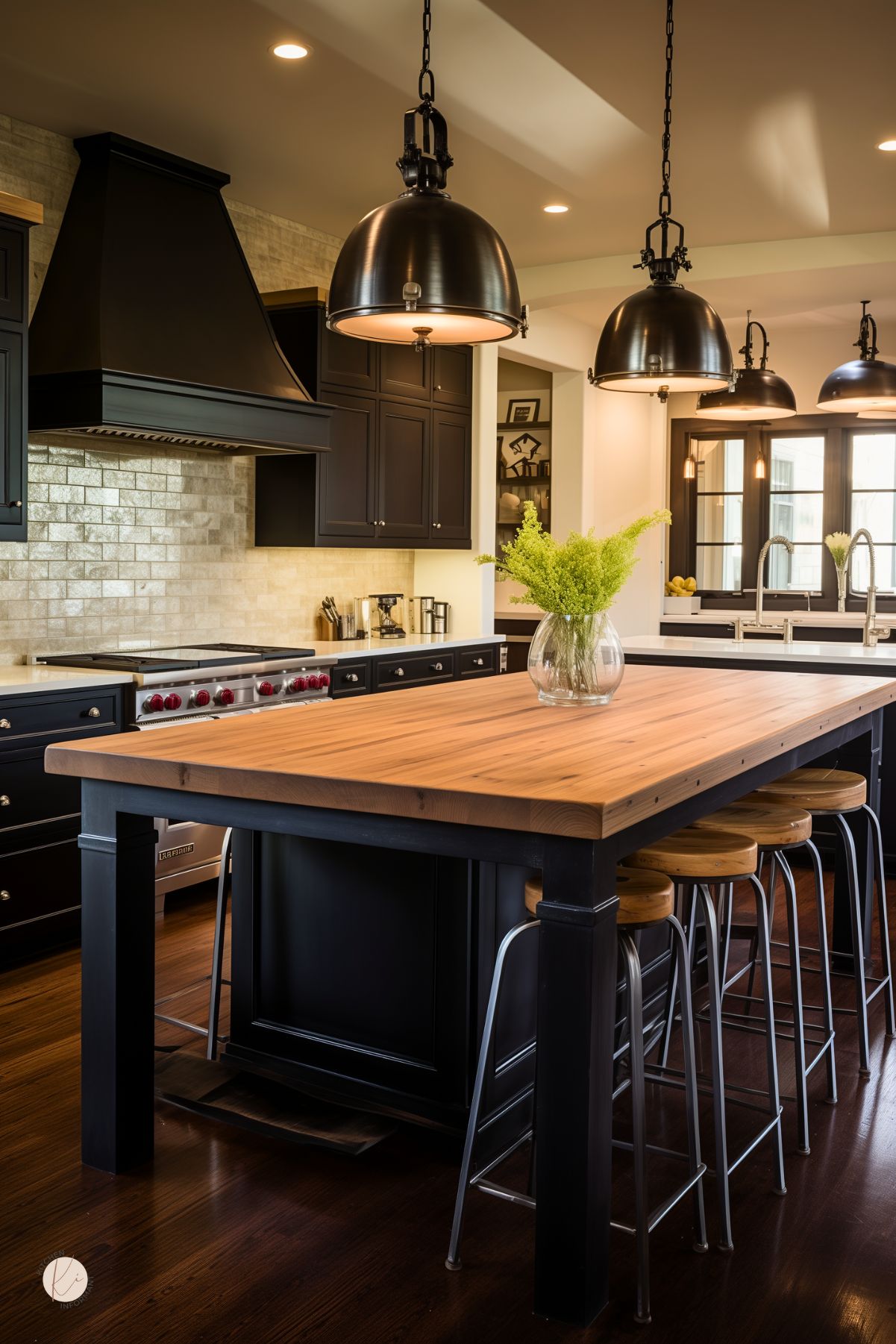 Modern farmhouse kitchen with black cabinets, industrial black dome pendants, and a large butcher-block island with wood stools. Stainless pro range under a black hood, glazed tile backsplash, double sinks with gooseneck faucets, dark wood floors, and a vase of green flowers. Small “KI” logo in corner.