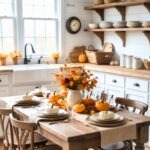 Bright farmhouse kitchen with shiplap, white cabinets, and open wood shelves. A rustic table features a linen runner, white pitcher of orange fall flowers, and clusters of mini pumpkins; each place setting is topped with a white pumpkin. Apron-front sink, black clock, baskets, and crocks complete the cozy Thanksgiving kitchen decor. Text: “Kitchen Informant.”