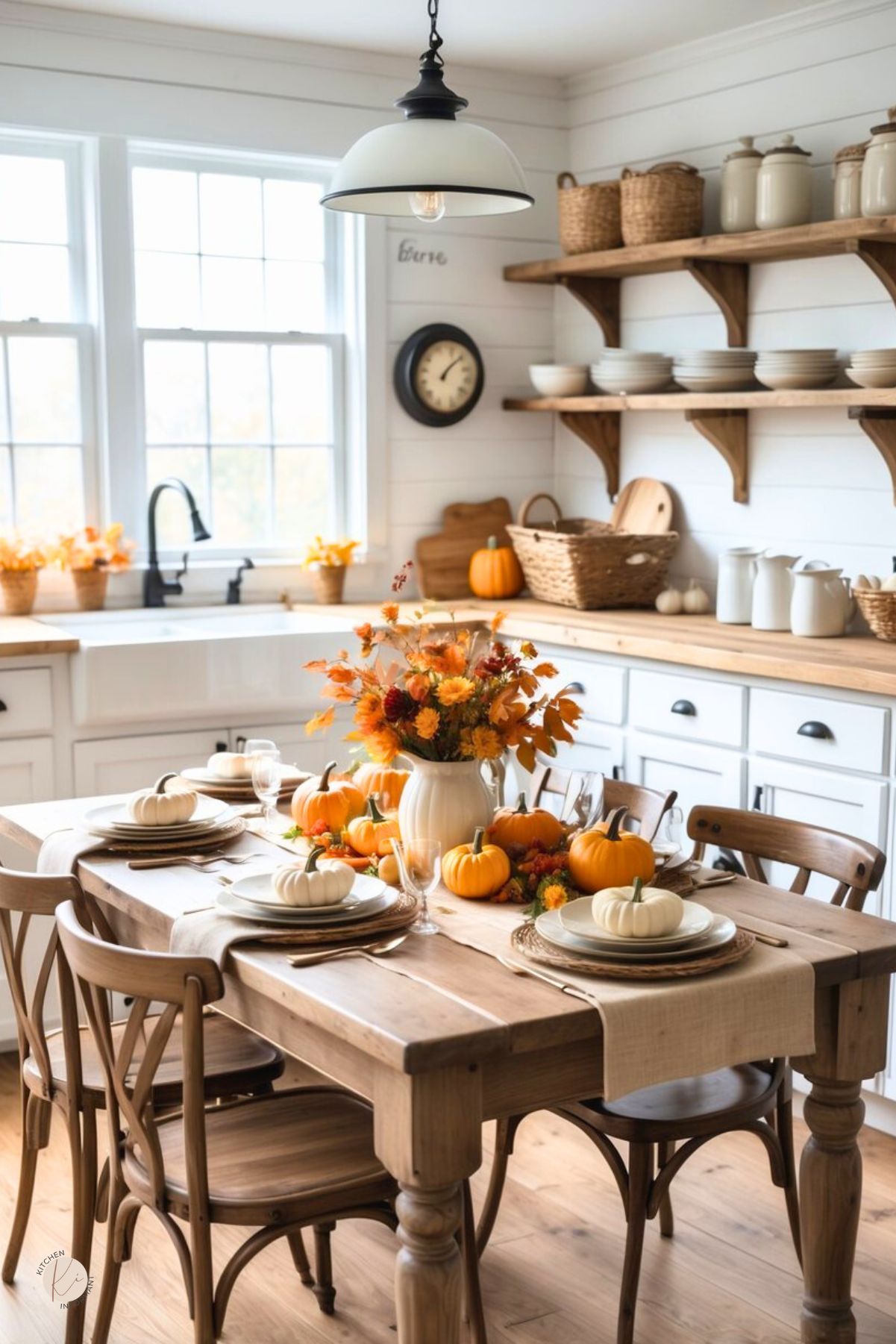 Bright farmhouse kitchen with shiplap, white cabinets, and open wood shelves. A rustic table features a linen runner, white pitcher of orange fall flowers, and clusters of mini pumpkins; each place setting is topped with a white pumpkin. Apron-front sink, black clock, baskets, and crocks complete the cozy Thanksgiving kitchen decor. Text: “Kitchen Informant.”