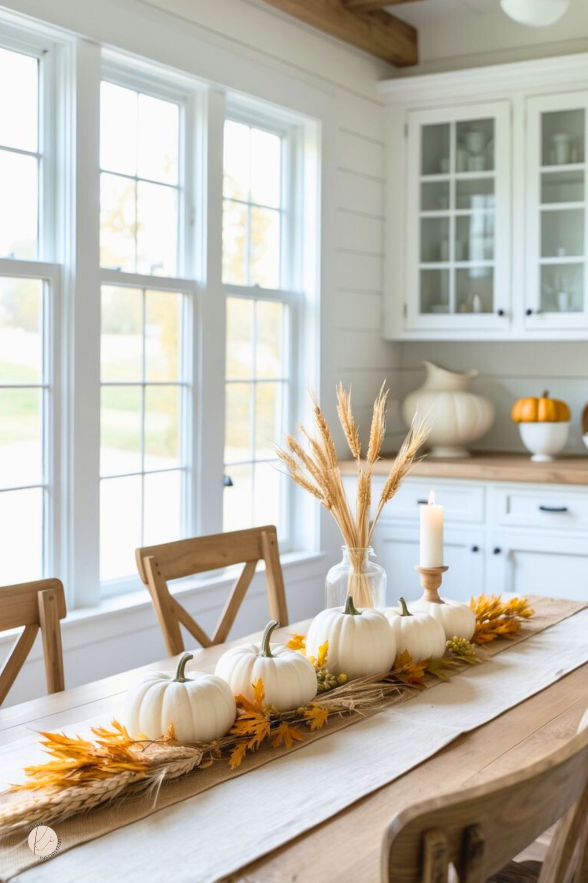 Bright farmhouse kitchen with large windows, white shaker cabinets, and wood counters. A rustic table holds a linen runner styled with white mini pumpkins in a row, wheat bundle in a glass jar, a single taper candle on a wood holder, and yellow fall leaves—simple Thanksgiving centerpiece and fall kitchen decor. Text: “Kitchen Informant.”