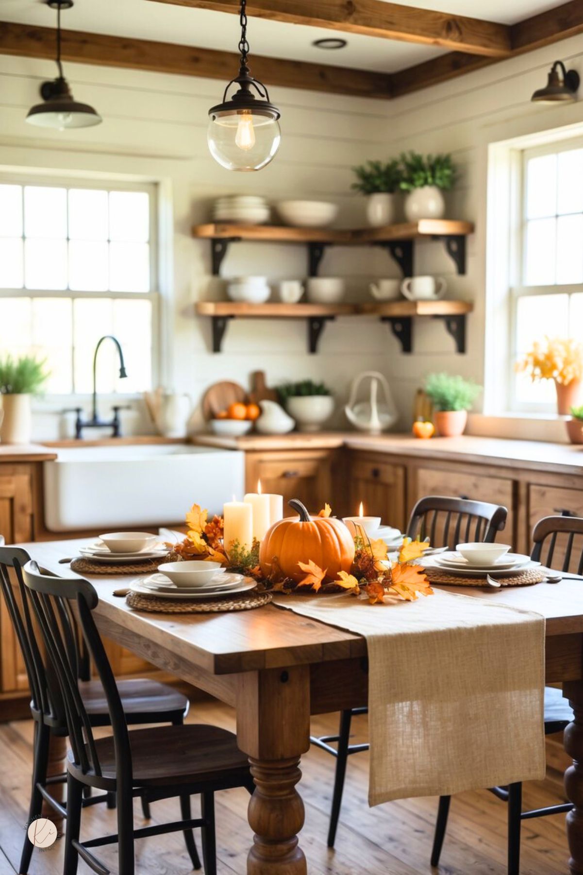 Cozy farmhouse kitchen with shiplap walls, wood beams, and open shelves. A rustic table set with white bowls and rattan chargers features a linen runner and a simple Thanksgiving centerpiece: orange pumpkin, fall leaves, and pillar candles. Apron-front sink, black chairs, warm wood cabinets. Text: “Kitchen Informant.”