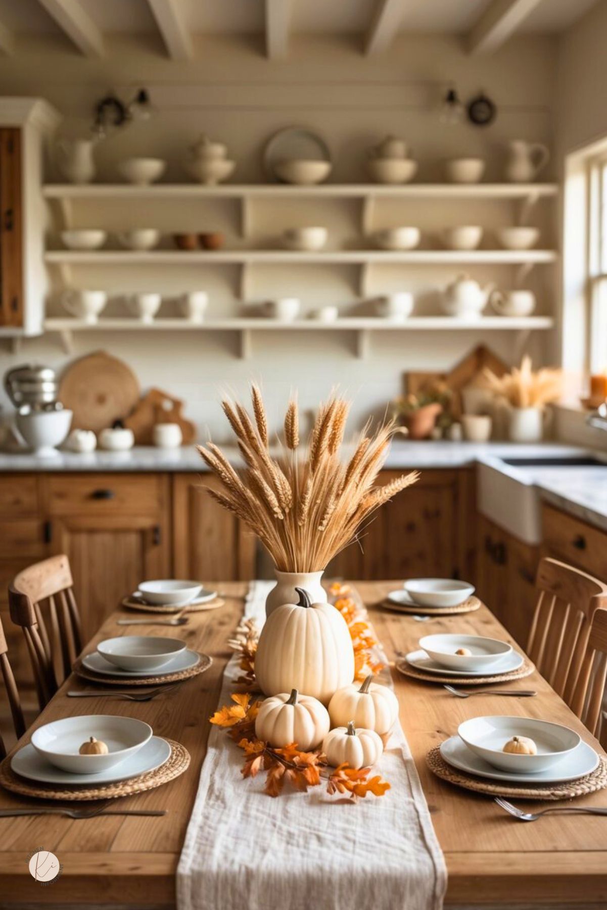 Cozy farmhouse kitchen with wood cabinets and open shelves of white dishes. Rustic table set for six with woven chargers and white bowls. A linen runner holds a simple Thanksgiving centerpiece: white pumpkins and a pumpkin vase of wheat with orange leaves. Apron-front sink nearby. Text: “Kitchen Informant.”