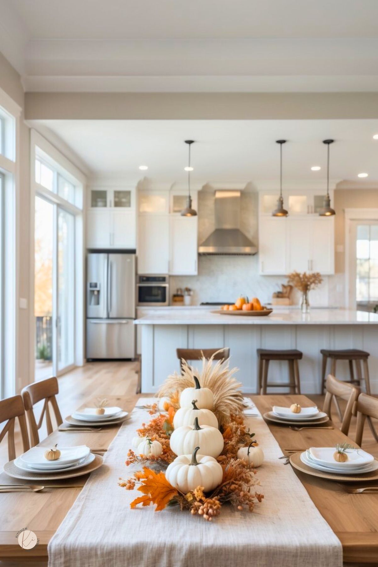 Modern white kitchen with island, stainless appliances, and pendant lights. A rustic dining table features a linen runner and stacked white pumpkins centerpiece with wheat, orange leaves, and berries; each place setting holds a mini pumpkin. Simple Thanksgiving centerpiece and fall kitchen decor. Text: “Kitchen Informant.”