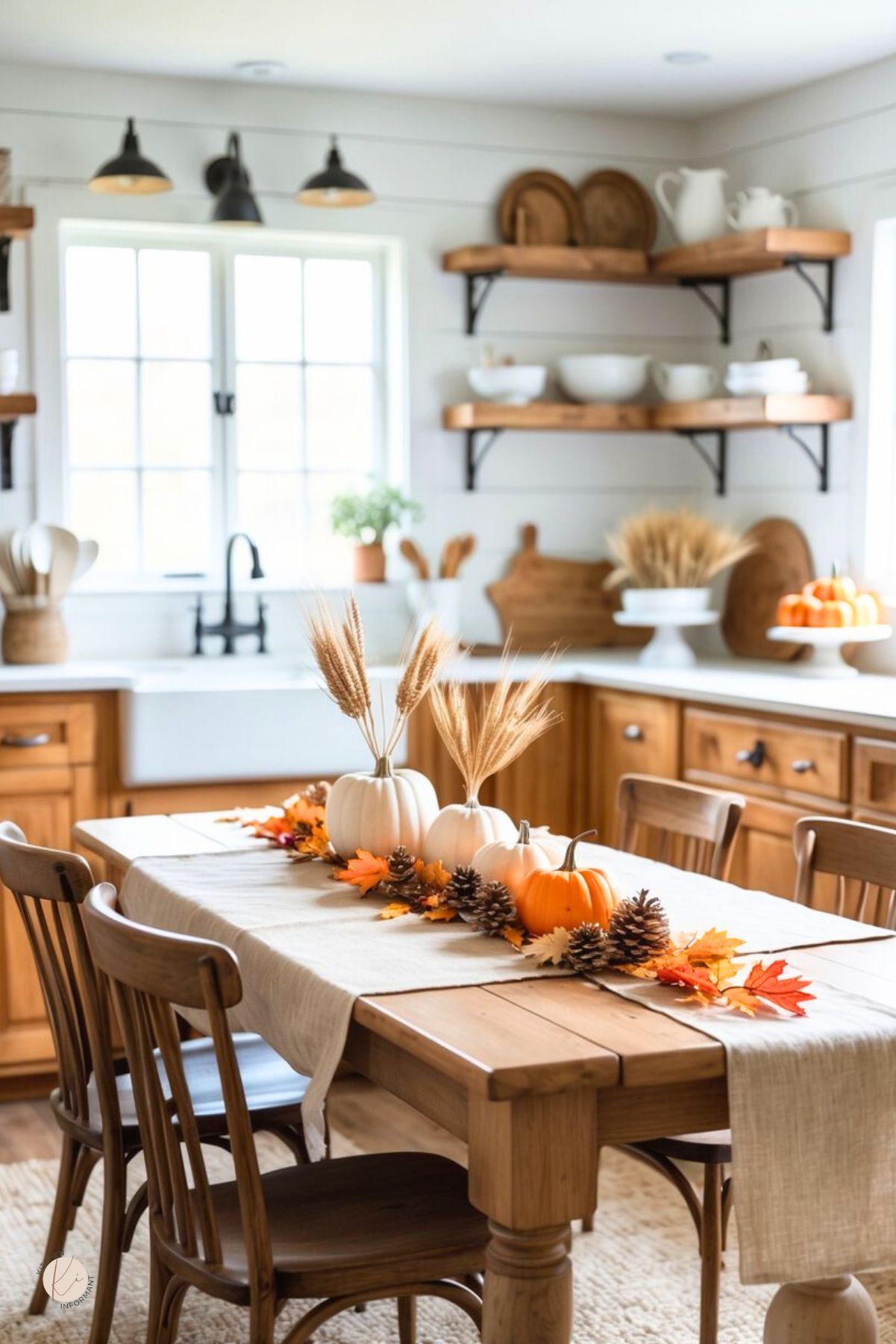 Farmhouse kitchen with shiplap walls, open wood shelves, and an apron-front sink. A rustic table with a linen runner displays a simple Thanksgiving centerpiece: white and orange pumpkins used as vases with wheat stems, pinecones, and fall leaves. Warm wood cabinets, neutral decor. Text: “Kitchen Informant.”