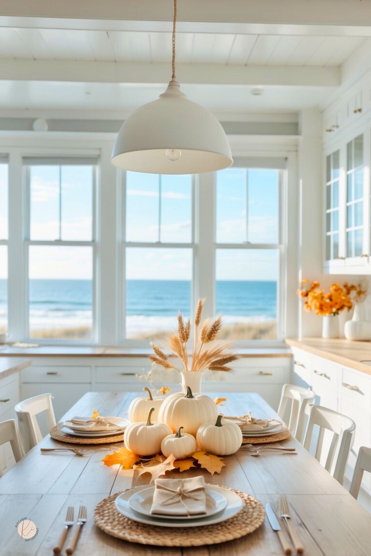 airy coastal kitchen with ocean view, white shaker cabinets, butcher-block counters, and large windows. A rustic table set with woven chargers and napkins tied with twine features a neutral Thanksgiving centerpiece of white pumpkins, wheat stems, and fall leaves under a dome pendant. Text: “Kitchen Informant.”