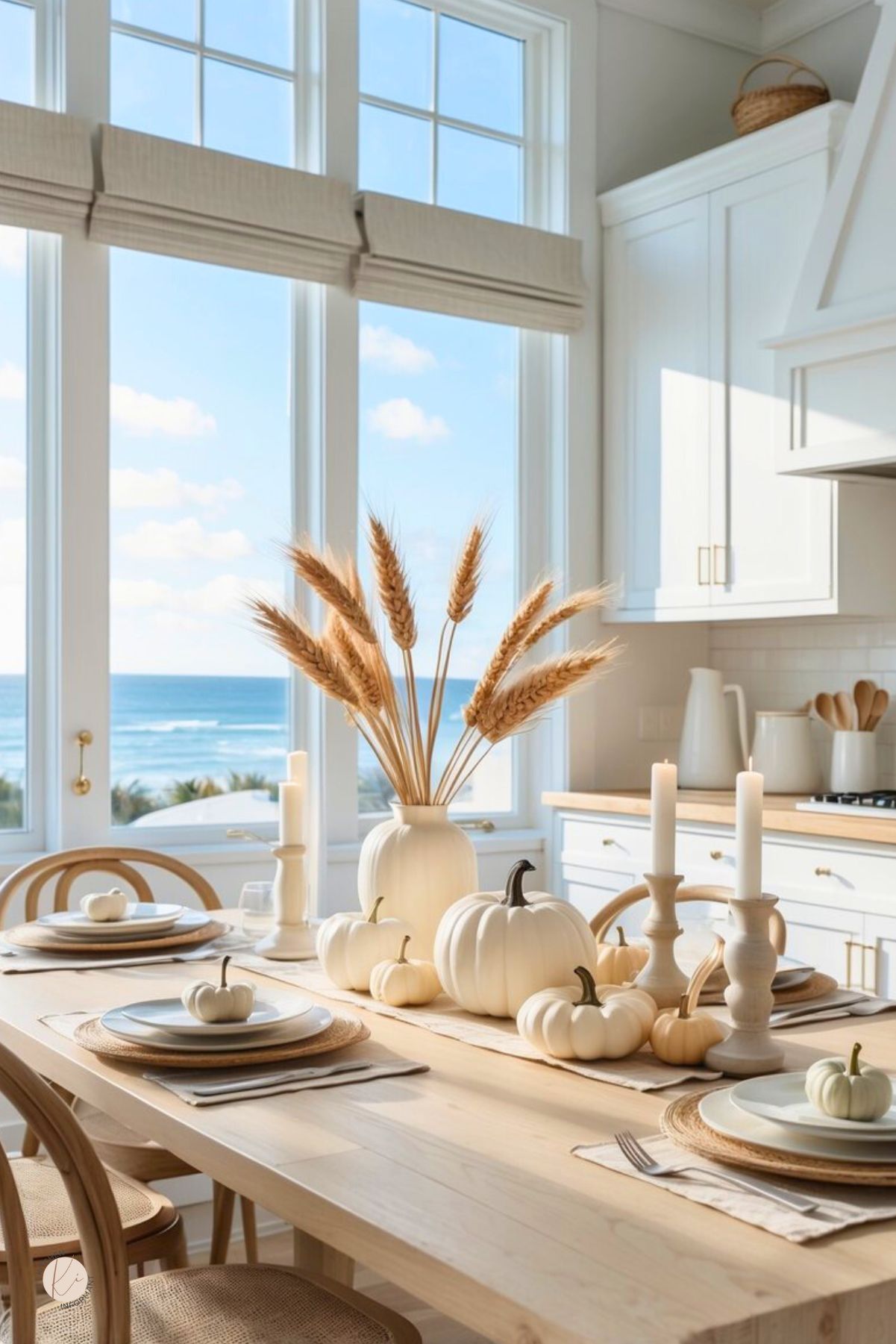 Coastal farmhouse kitchen with ocean view, white shaker cabinets, and butcher-block counters. Light wood kitchen table set with woven chargers and mini white pumpkins. Neutral Thanksgiving centerpiece of white pumpkins, wheat in a vase, and taper candles—simple fall kitchen decor. Text: “Kitchen Informant.”