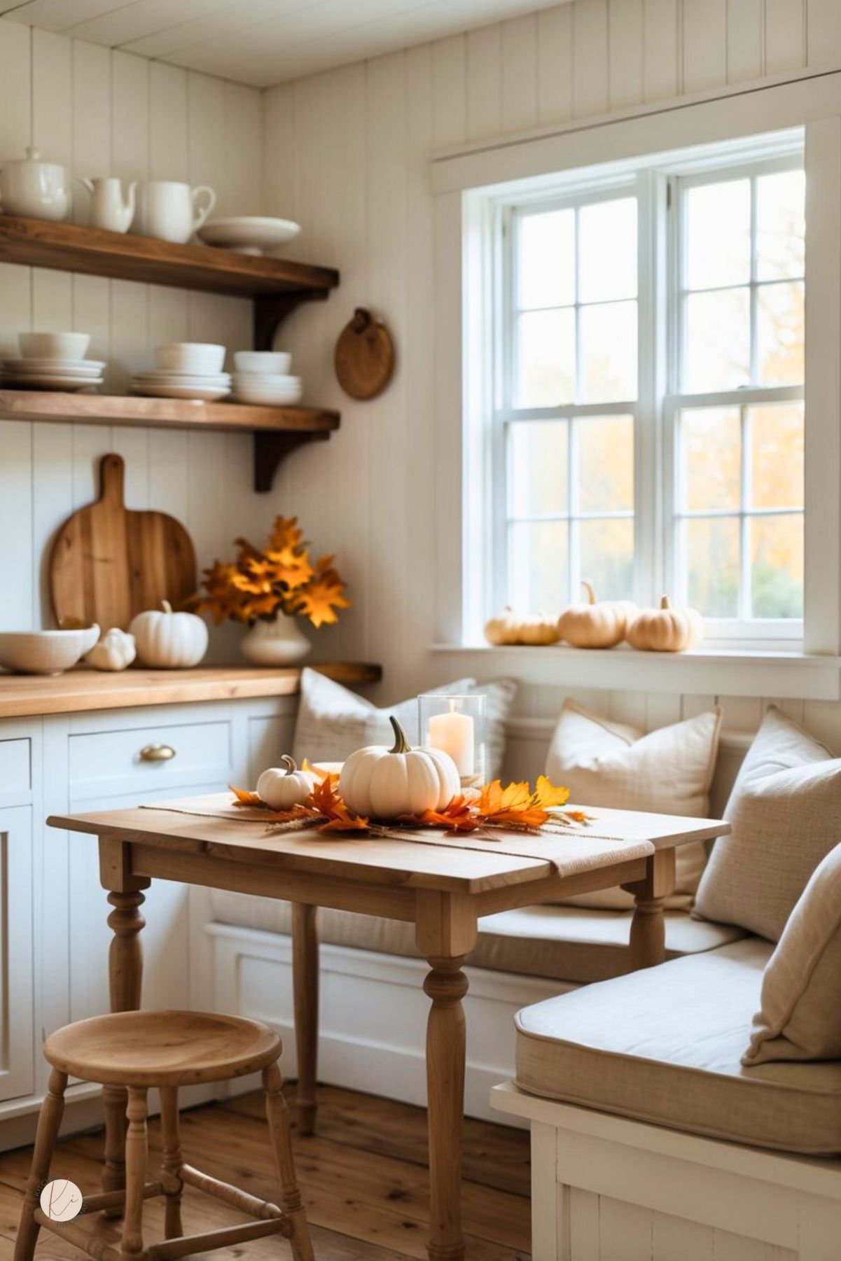 Cozy farmhouse breakfast nook with shiplap walls, open wood shelves, and bench seating. A small rustic table holds a burlap runner, white mini pumpkins, orange fall leaves, and a glass candle—simple Thanksgiving centerpiece. White dishes, wood cutting boards, pumpkins on the windowsill. Text: “Kitchen Informant.”