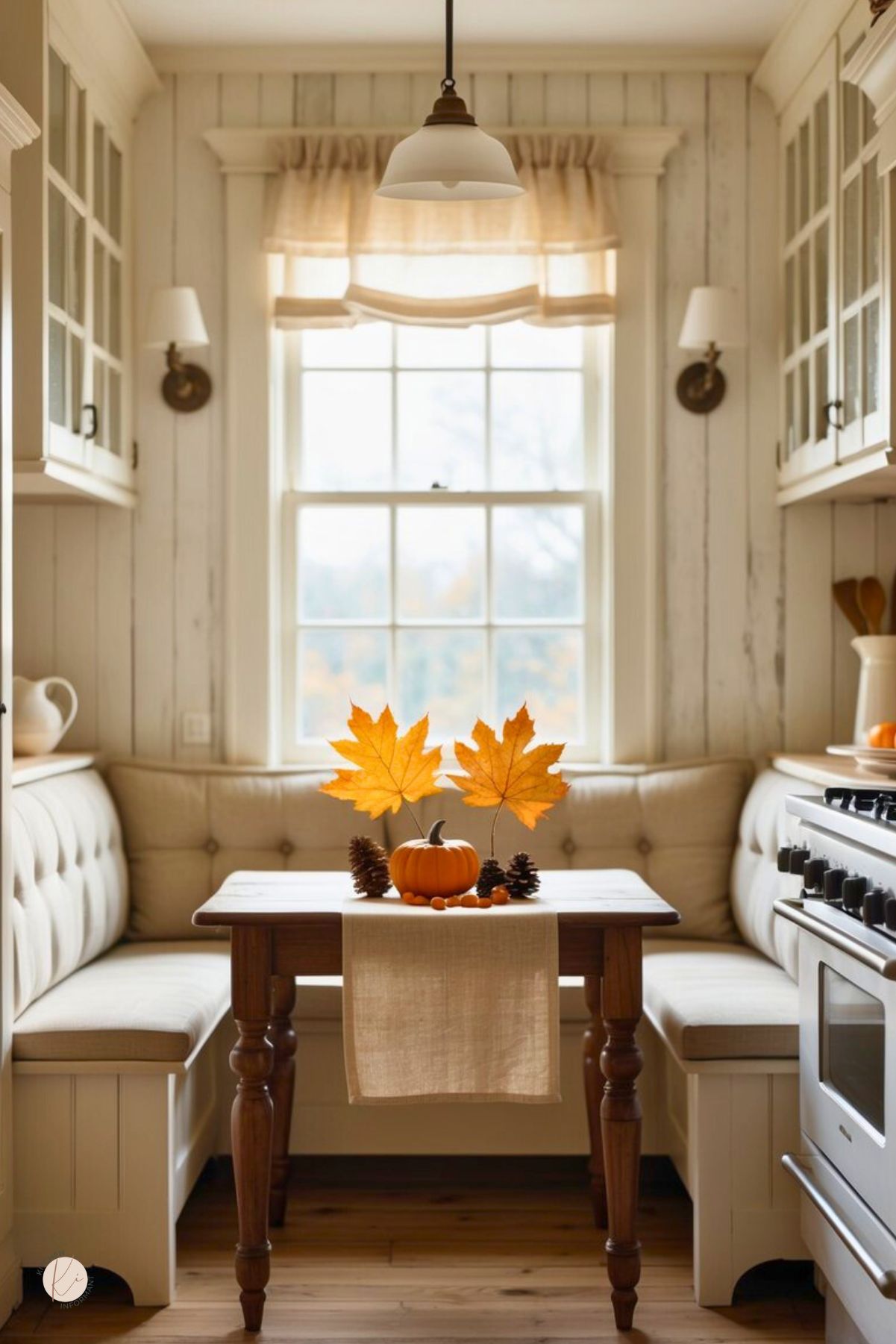 Bright white farmhouse kitchen with glass-front cabinets, apron-front sink, and marble-look counters. On a rustic wood table, a round tray holds a simple Thanksgiving centerpiece: white and orange mini pumpkins, wheat stems in a small vase, and fall berries. Neutral chairs, pendant light overhead. Text: “Kitchen Informant.”