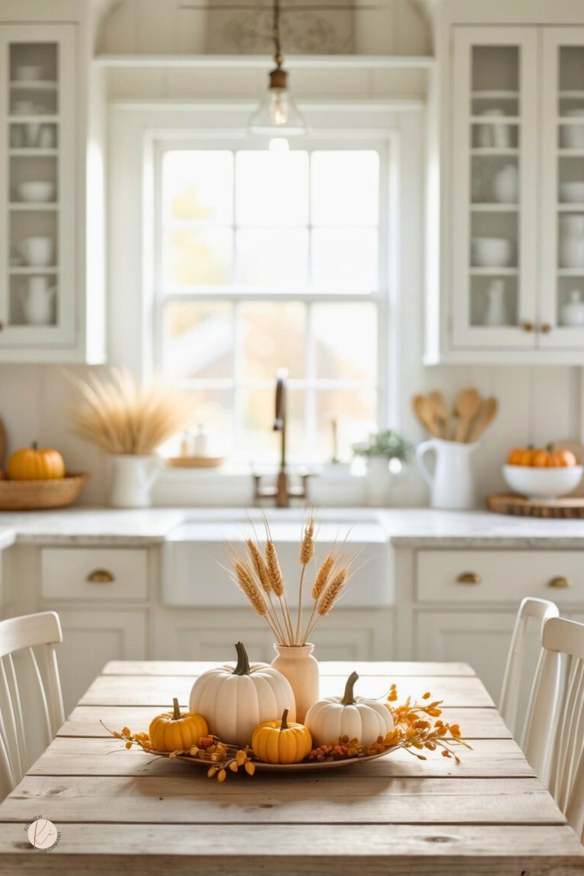 Bright white farmhouse kitchen with glass-front cabinets, apron-front sink, and marble-look counters. On a rustic wood table, a round tray holds a simple Thanksgiving centerpiece: white and orange pumpkins, wheat stems in a small vase, and fall berries. Text: “Kitchen Informant.”