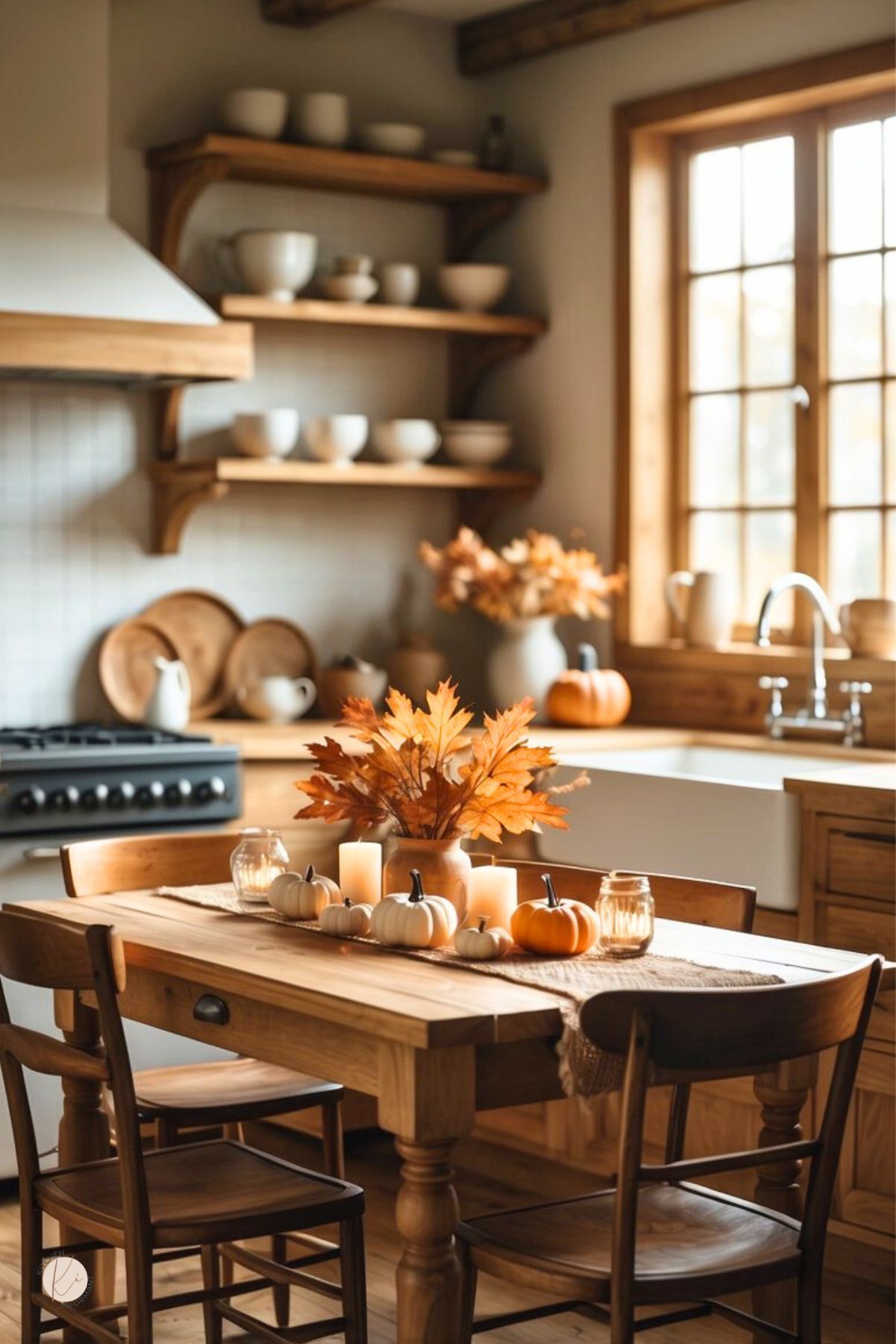 Warm farmhouse kitchen with wood cabinets, open shelves, and an apron-front sink. Rustic table styled for fall with a simple Thanksgiving centerpiece: vase of orange maple leaves, pillar candles, and mini white and orange pumpkins on a burlap runner. Text: “Kitchen Informant.”