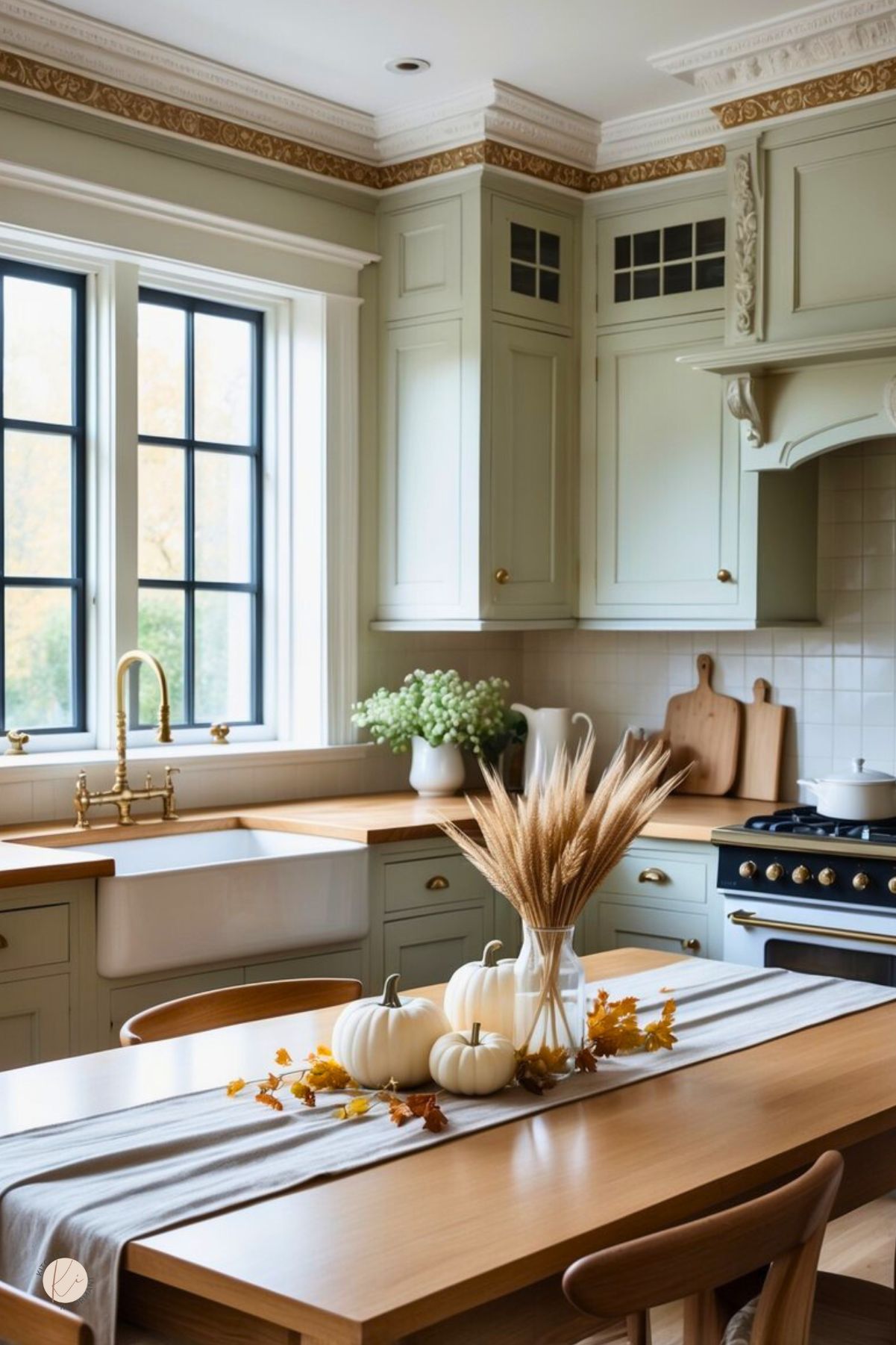 Traditional farmhouse kitchen with sage green cabinets, ornate crown molding, and black-grid windows. Apron-front sink with brass faucet and butcher-block counters. A wooden table displays a gray runner, white pumpkins, a glass vase of wheat, and fall leaves—simple Thanksgiving centerpiece and fall kitchen decor. Text: “Kitchen Informant.”