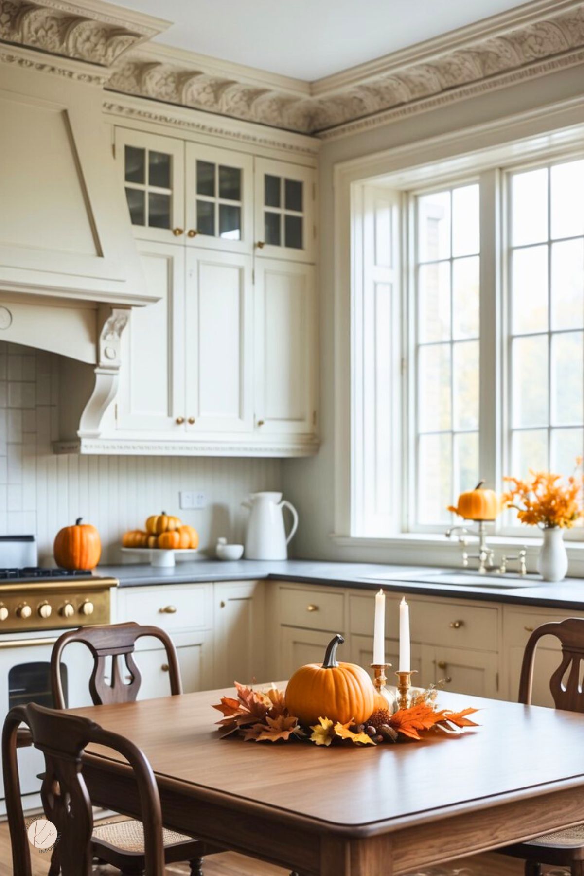 Elegant traditional kitchen with cream cabinets, ornate crown molding, and a brass-trim range. A wood table features a simple Thanksgiving centerpiece: orange pumpkin, fall leaves, and two brass taper candles. Black counters, large grid windows, and pumpkins on cake stands add fall kitchen decor. Text: “Kitchen Informant.”