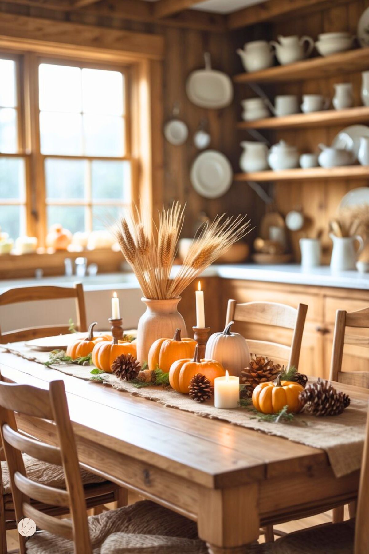 Rustic farmhouse kitchen with wood walls, open shelves of white dishes, and a sunlit window. A long wooden table with a burlap runner displays a simple Thanksgiving centerpiece: orange and white mini pumpkins, pinecones, pillar candles, and a vase of wheat. Ladder-back chairs, cozy fall kitchen decor. Text: “Kitchen Informant.”