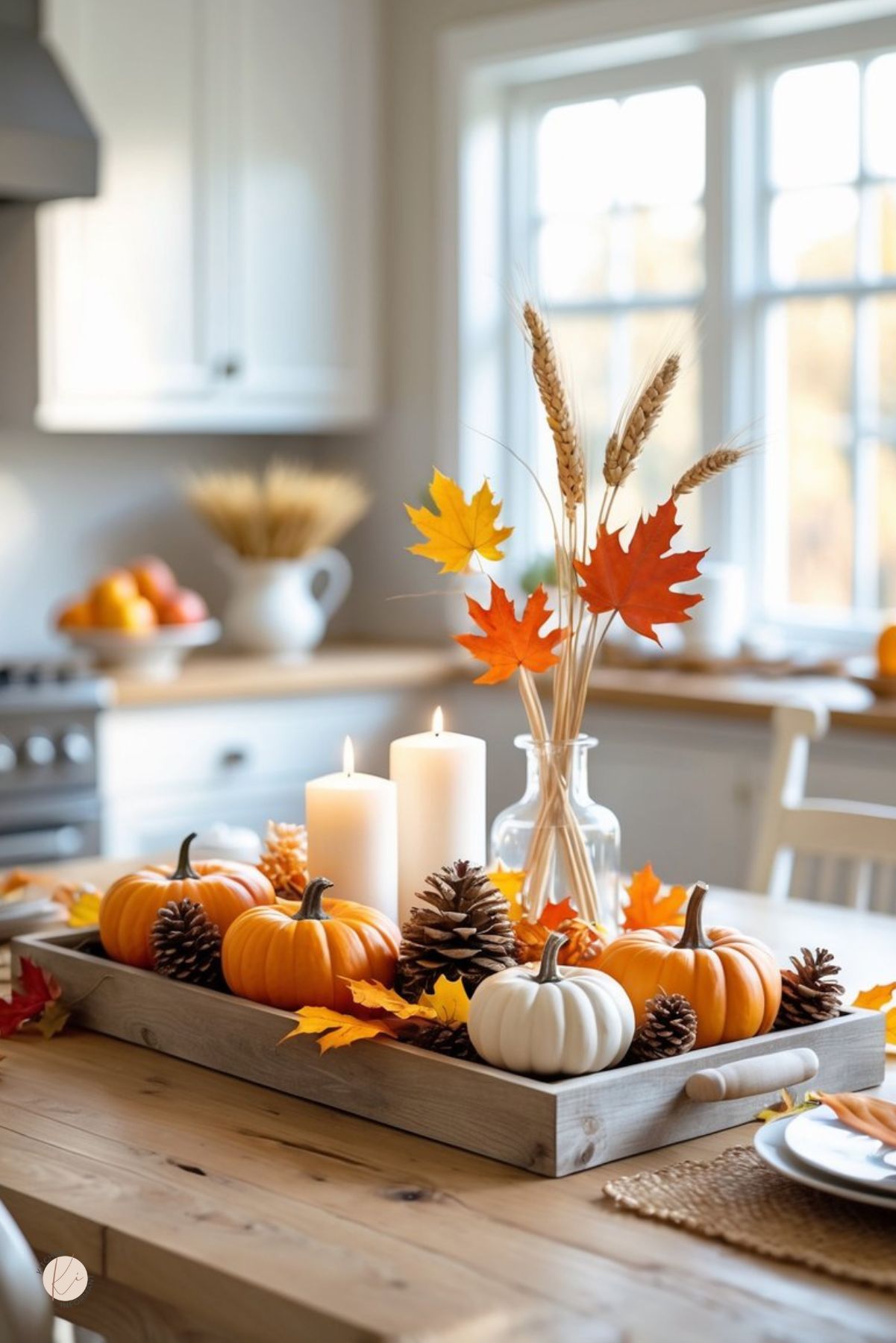 Rustic farmhouse kitchen table styled with a simple Thanksgiving centerpiece: a wooden tray filled with orange and white mini pumpkins, pinecones, pillar candles, and a glass jar of wheat and maple leaves. Bright white cabinets, wood counters, sunny windows—cozy fall kitchen decor. Text: “Kitchen Informant.”