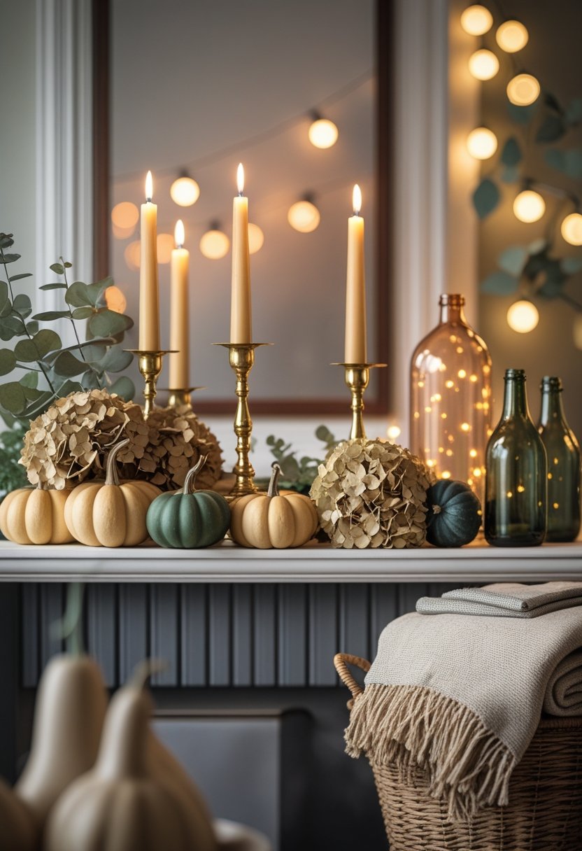 Cozy fall mantel with brass candlesticks and glowing tapers, reflected string lights, and natural decor. Mini pumpkins in cream and sage, dried hydrangeas, and eucalyptus line the shelf beside green glass bottles and a jar of fairy lights. Wicker basket with fringed throw; Thanksgiving mantel decor, autumn home styling.