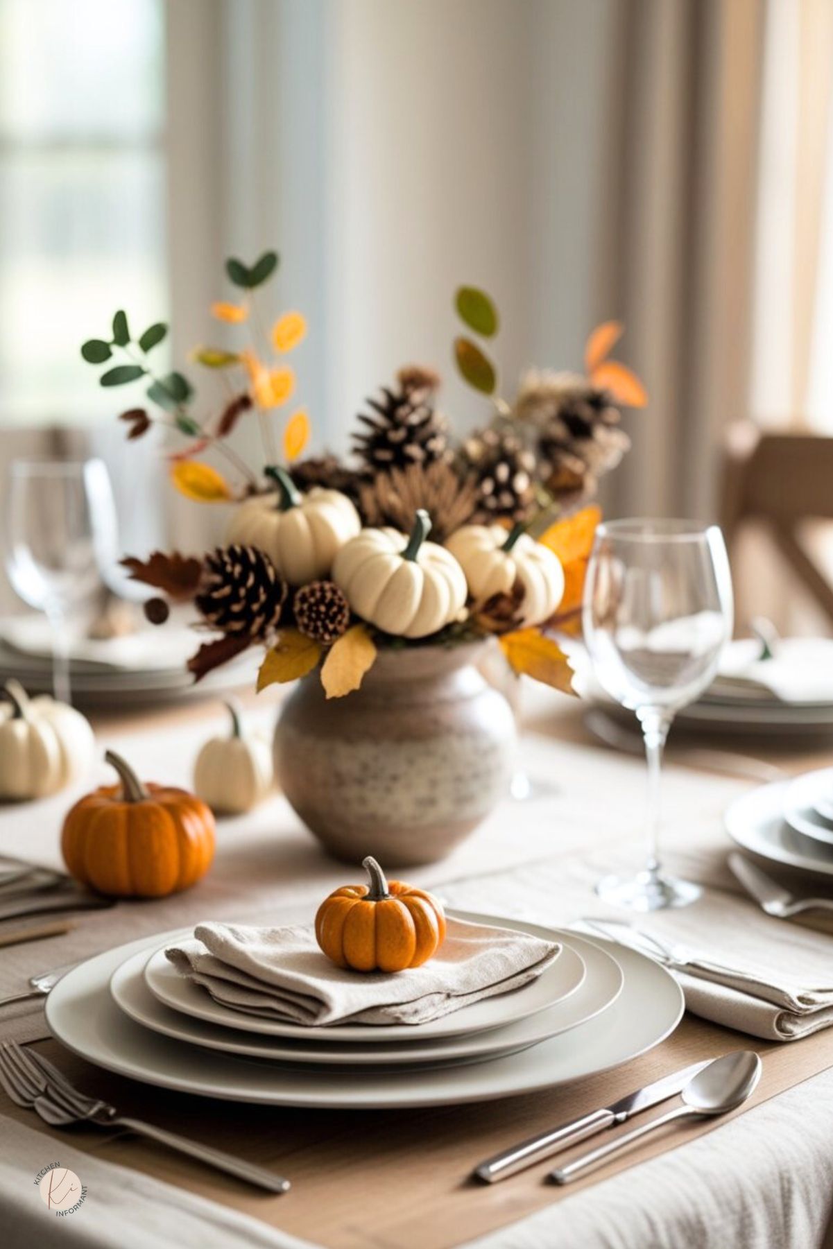 Neutral Thanksgiving table setting with stacked white plates, linen napkins, silver flatware, and a mini orange pumpkin at each place. Centerpiece is a ceramic vase of white mini pumpkins, pinecones, dried grasses, and autumn leaves; wine glasses on a beige runner. Soft daylight, cozy fall decor.