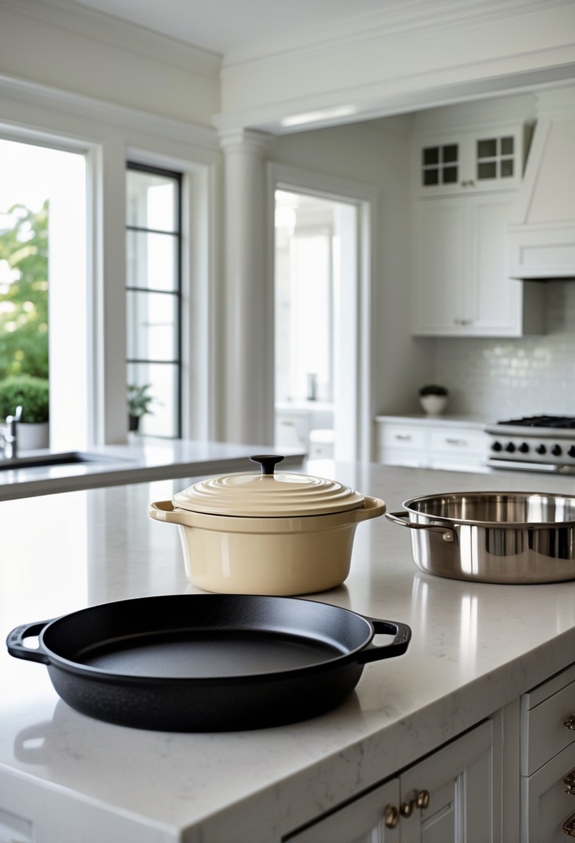 Bright modern white kitchen with quartz island holding three pans: a black cast-iron skillet, a cream enameled Dutch oven with lid, and a stainless-steel sauté pan. Shaker cabinets, subway tile backsplash, gas range, and large black-grid windows flood the space with natural light.