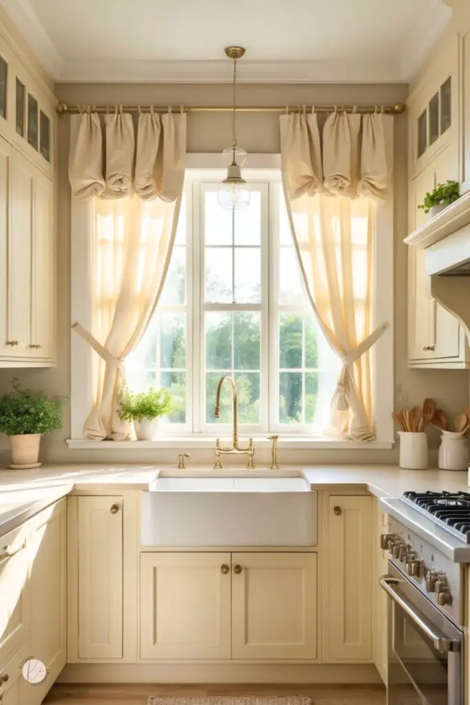 Cream kitchen with shaker cabinets and a white farmhouse sink centered under a large grid window. Brass bridge faucet, glass pendant, and soft cream curtains with tiebacks and rolled valance. Light countertops, gas range, potted herbs—bright cottage style. Text: “Kitchen Informant” logo.