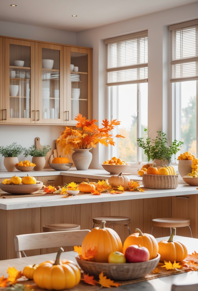 A modern kitchen decorated with autumnal items including pumpkins, apples, and fall leaves, with natural light coming through large windows.
