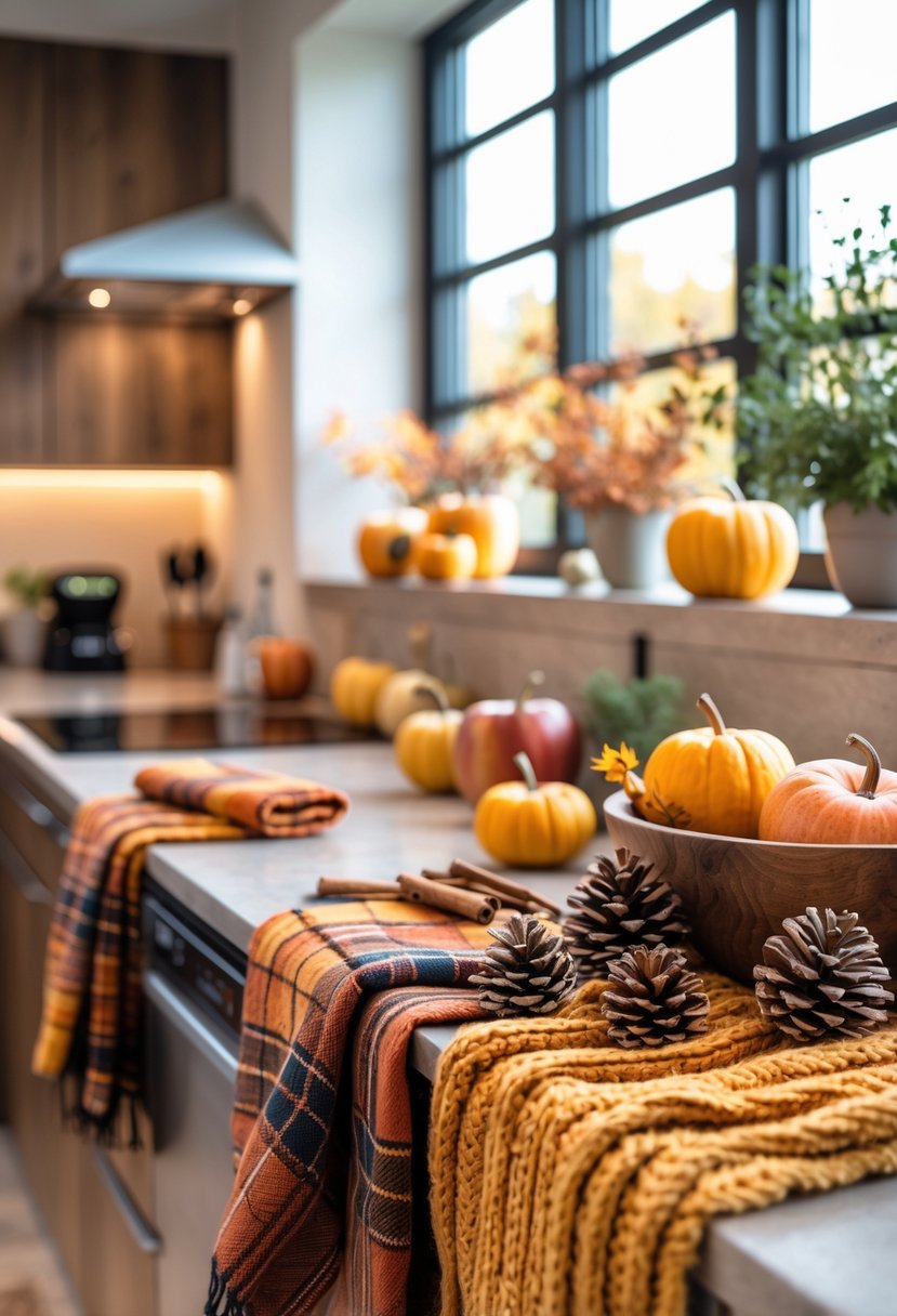 A modern kitchen decorated with autumn textiles and fall-themed items like pumpkins, apples, and cinnamon sticks on the countertop.