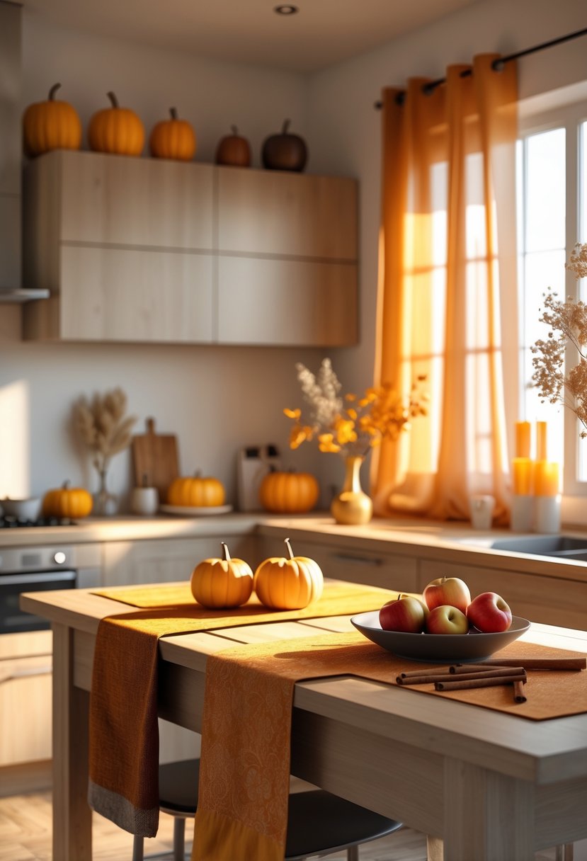A modern kitchen with warm lighting and fall decorations including pumpkins, apples, and autumn leaves on the countertop.