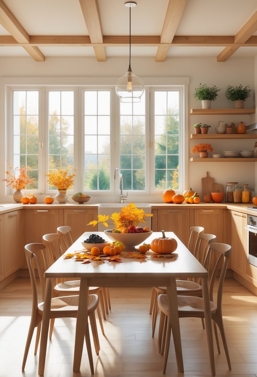 A modern kitchen with a wooden table decorated with summer fruits and fall-themed items like pumpkins and leaves, bathed in natural sunlight.