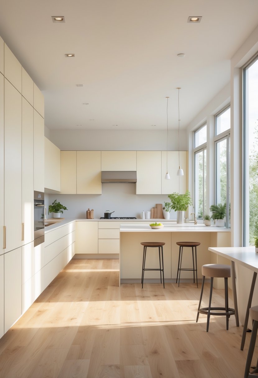 A bright kitchen with cream cabinets and white oak wood floors, featuring a large island and modern appliances.