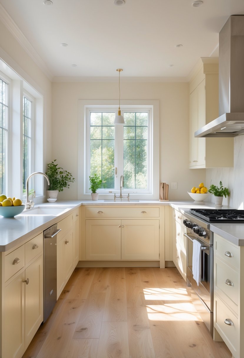 Bright kitchen with cream cabinets and white oak floors illuminated by natural light.