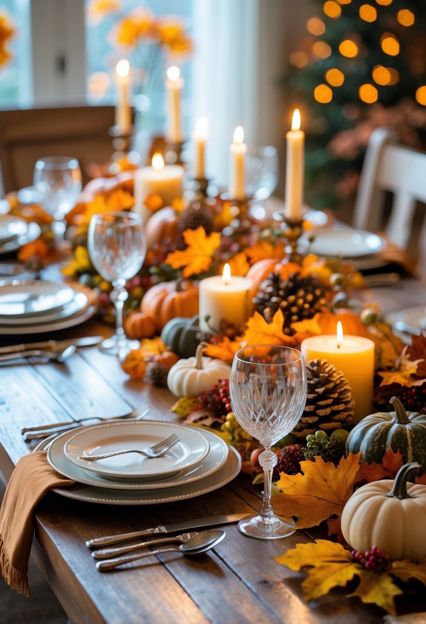 A Thanksgiving dinner table set with plates, silverware, candles, pumpkins, and fall decorations.
