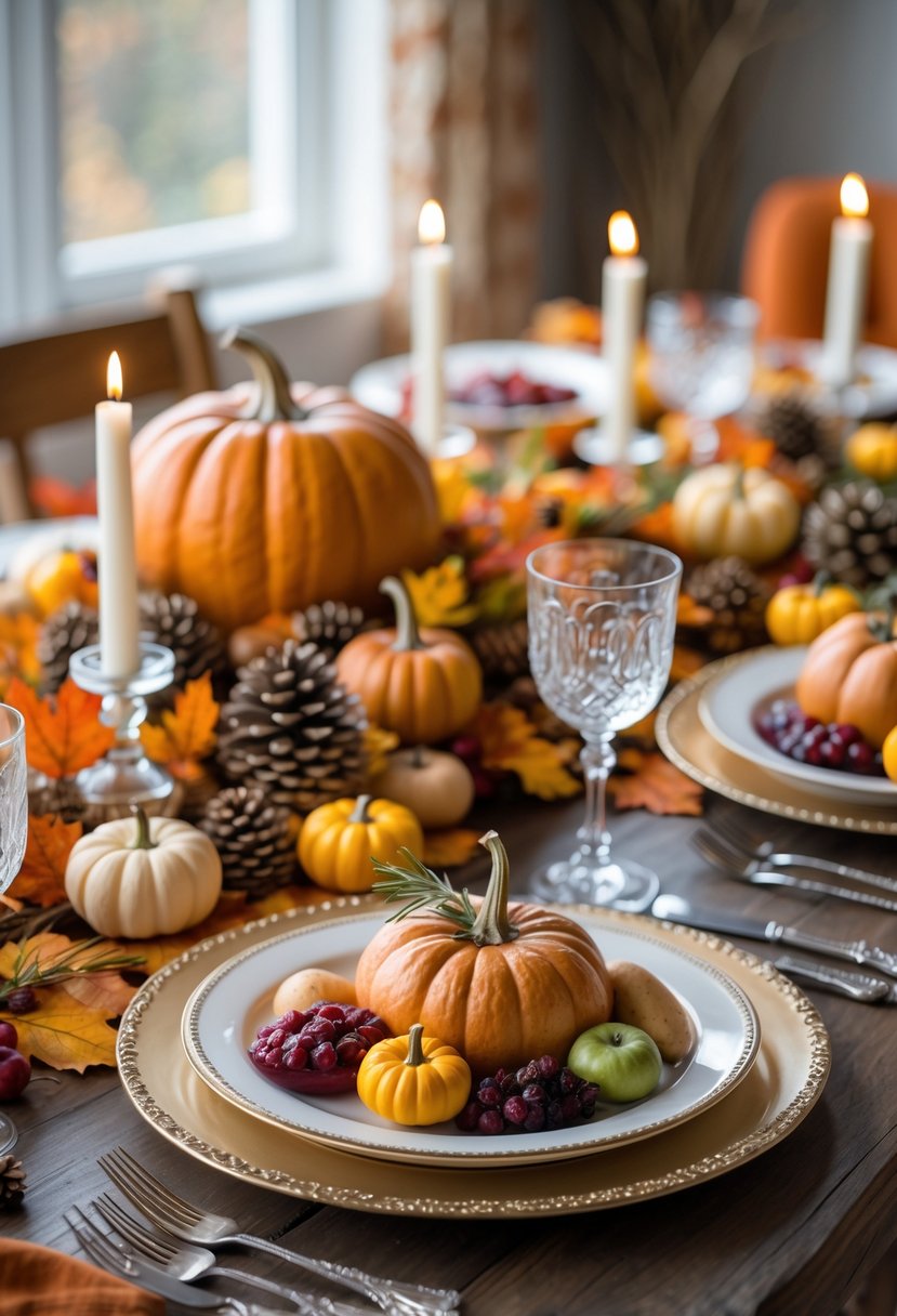 A beautifully set Thanksgiving table with autumn decorations, candles, plates, silverware, and seasonal food arranged for a festive meal.