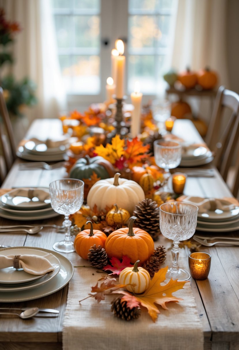A beautifully set Thanksgiving table with autumn decorations, plates, silverware, candles, and seasonal centerpiece on a wooden table.